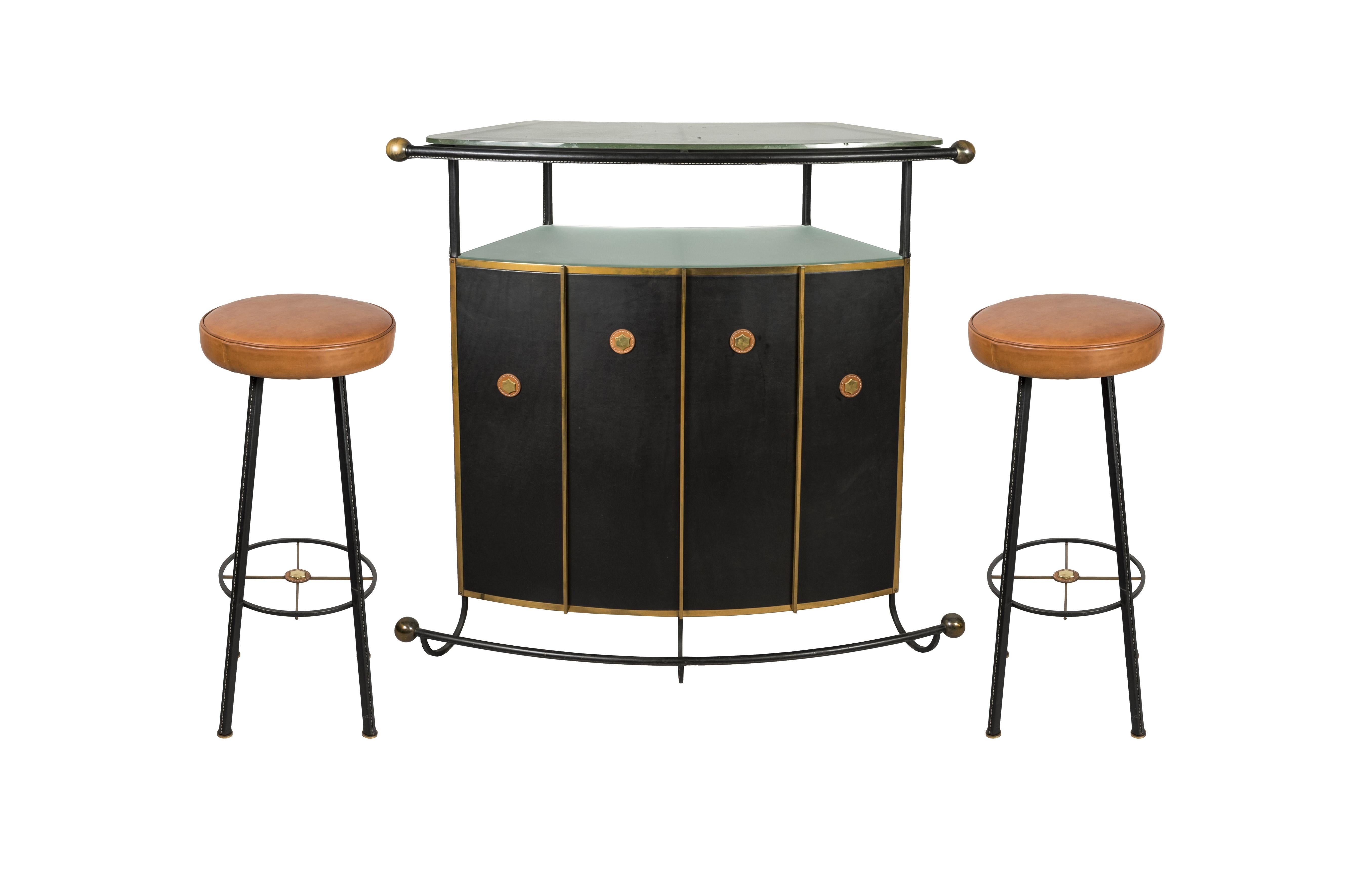 1950's Stitched Leather Dry Bar by Jacques Adnet For Sale 5