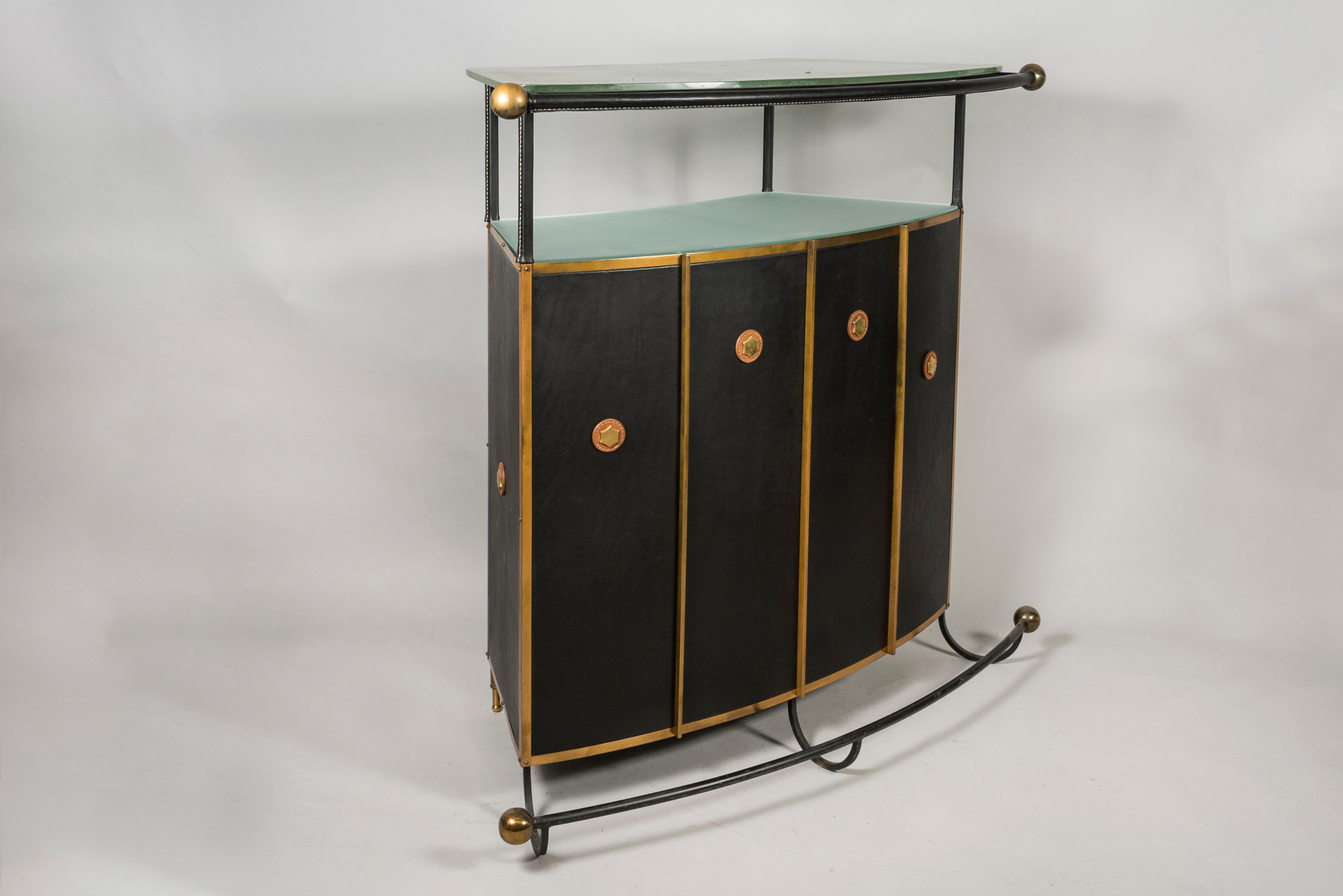 1950's Stitched Leather Dry Bar by Jacques Adnet In Good Condition For Sale In Bois-Colombes, FR