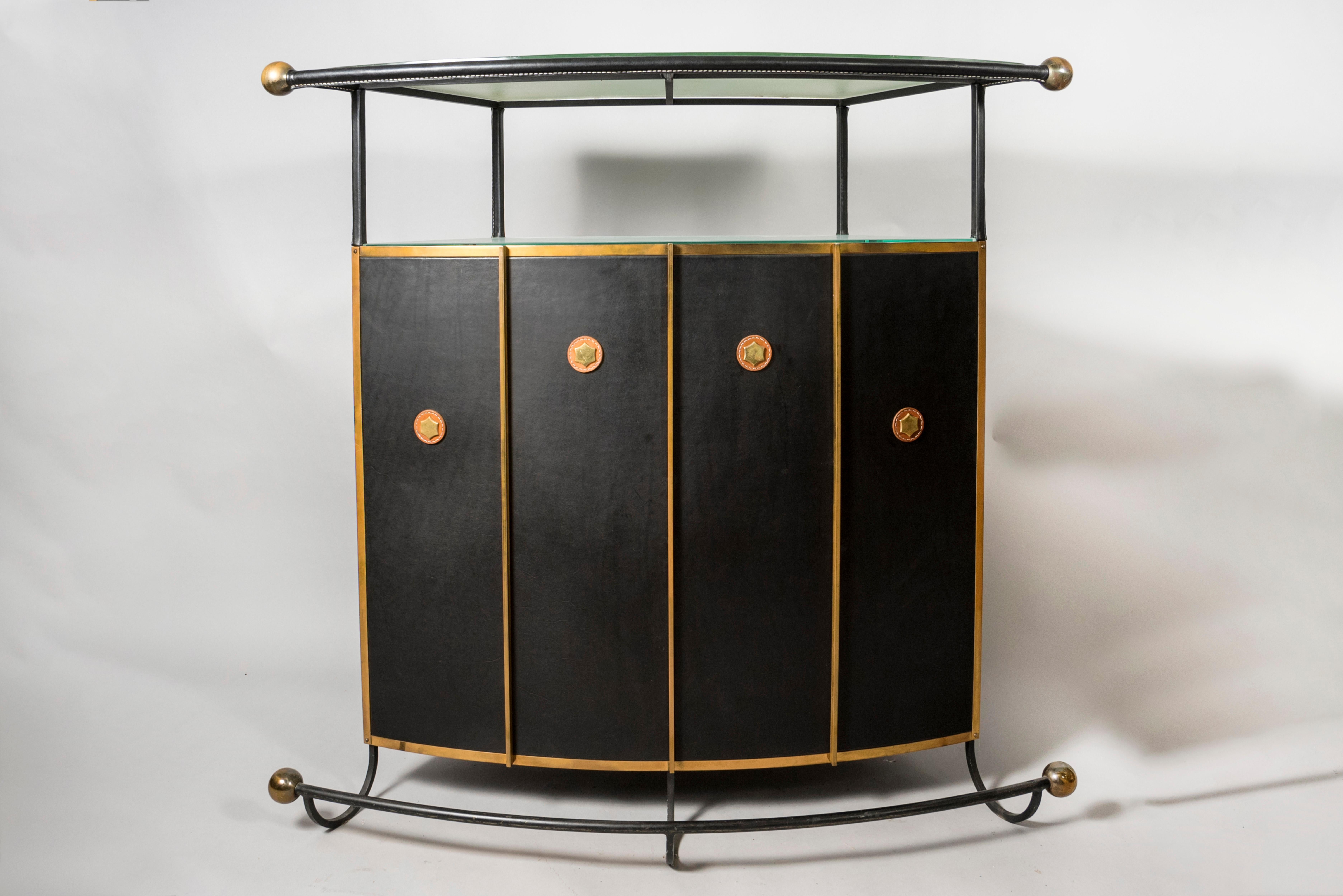 Metal 1950's Stitched Leather Dry Bar by Jacques Adnet For Sale