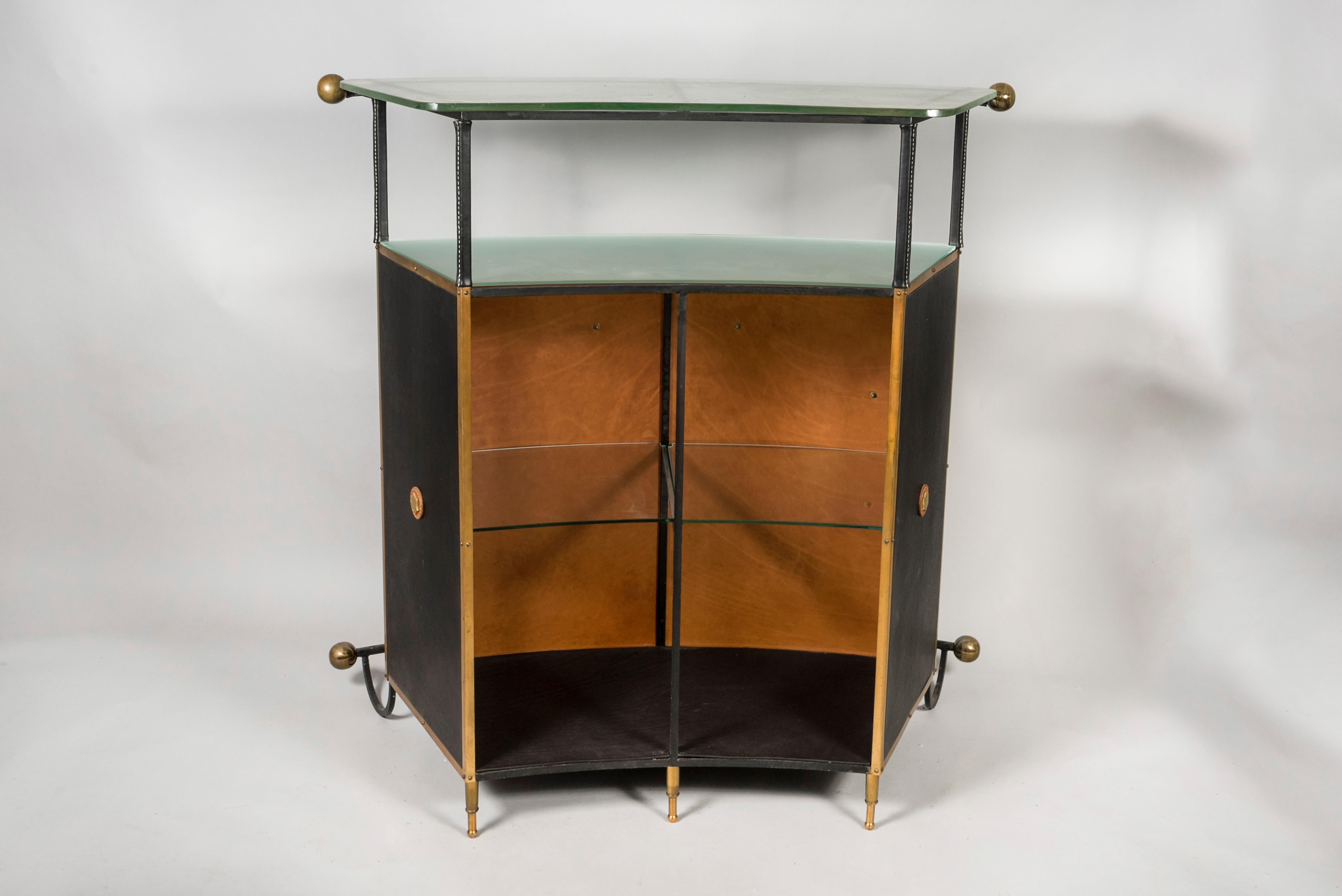 1950's Stitched Leather Dry Bar by Jacques Adnet For Sale 3