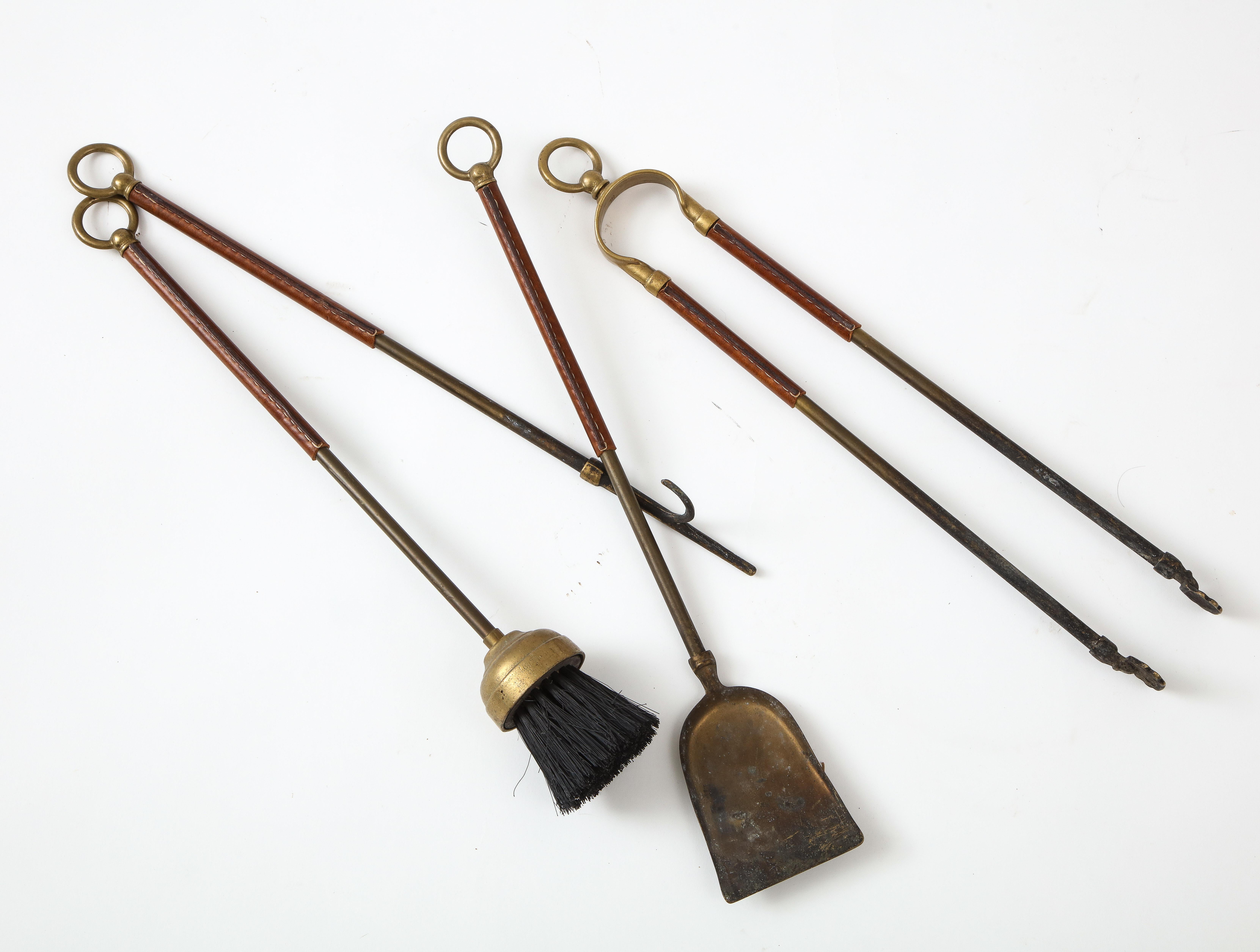 1950s Stitched Leather Fire Tools by Jacques Adnet 5