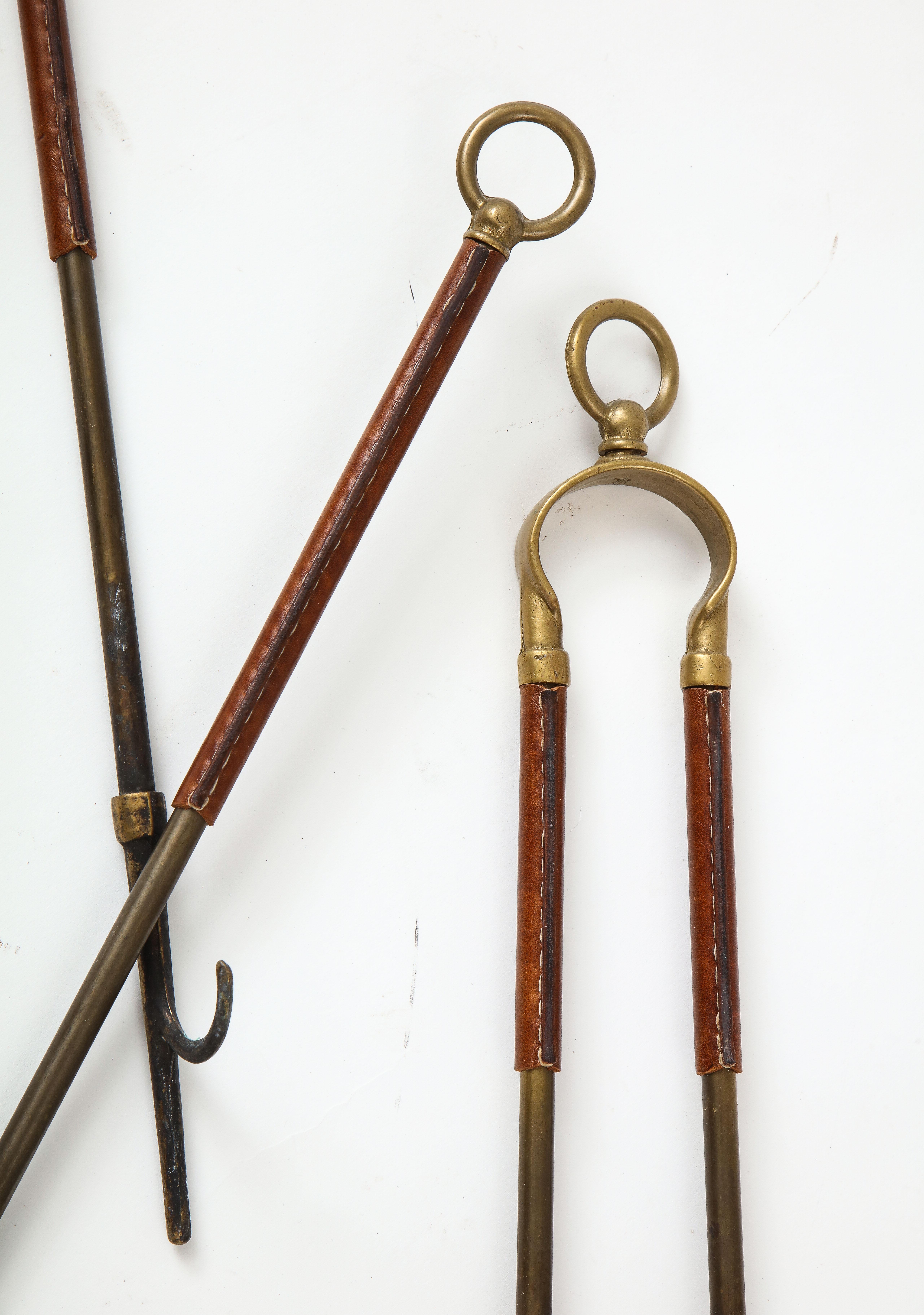 1950s Stitched Leather Fire Tools by Jacques Adnet 7