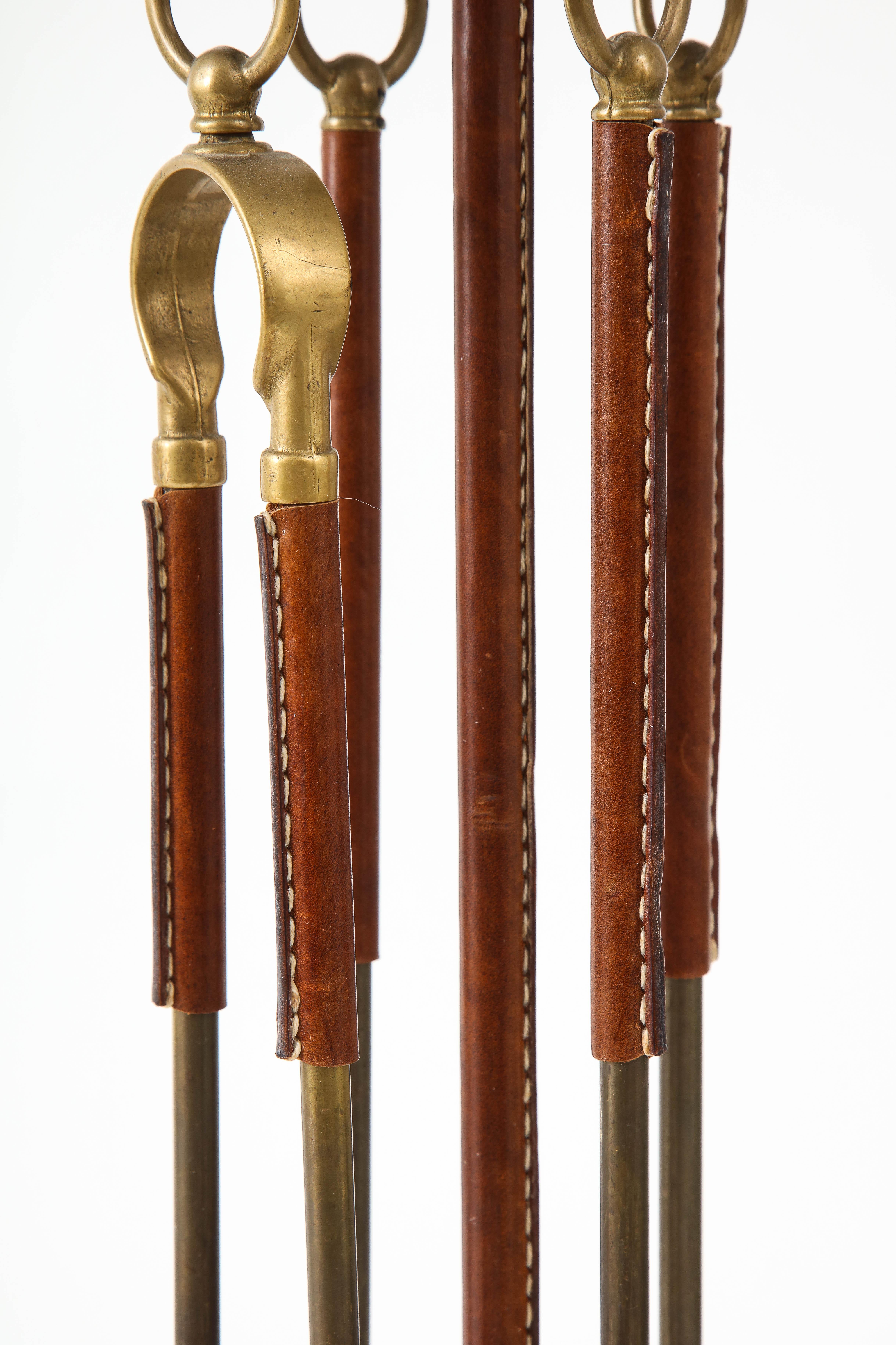 1950s Stitched Leather Fire Tools by Jacques Adnet In Good Condition In New York, NY