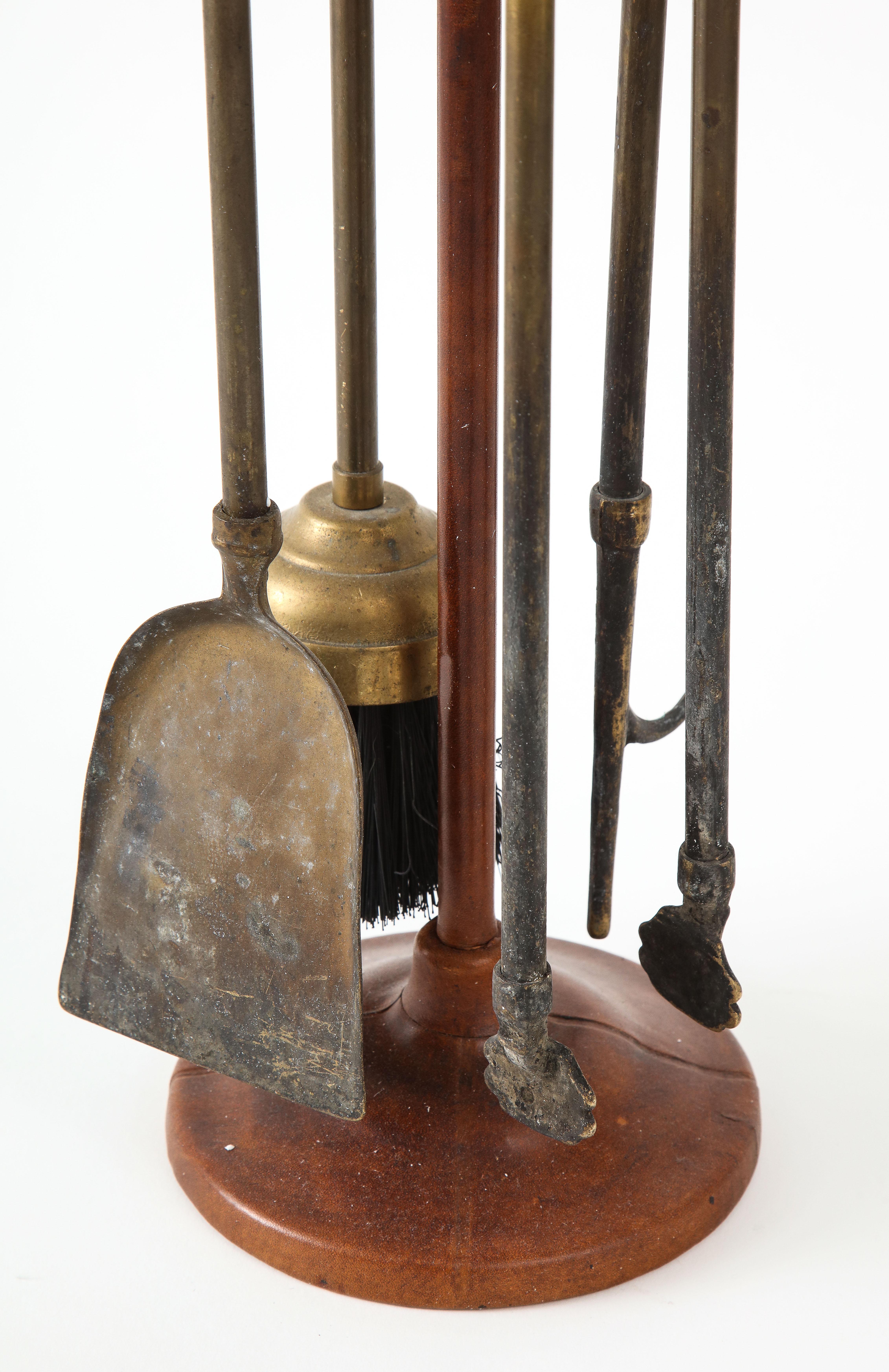 Mid-20th Century 1950s Stitched Leather Fire Tools by Jacques Adnet