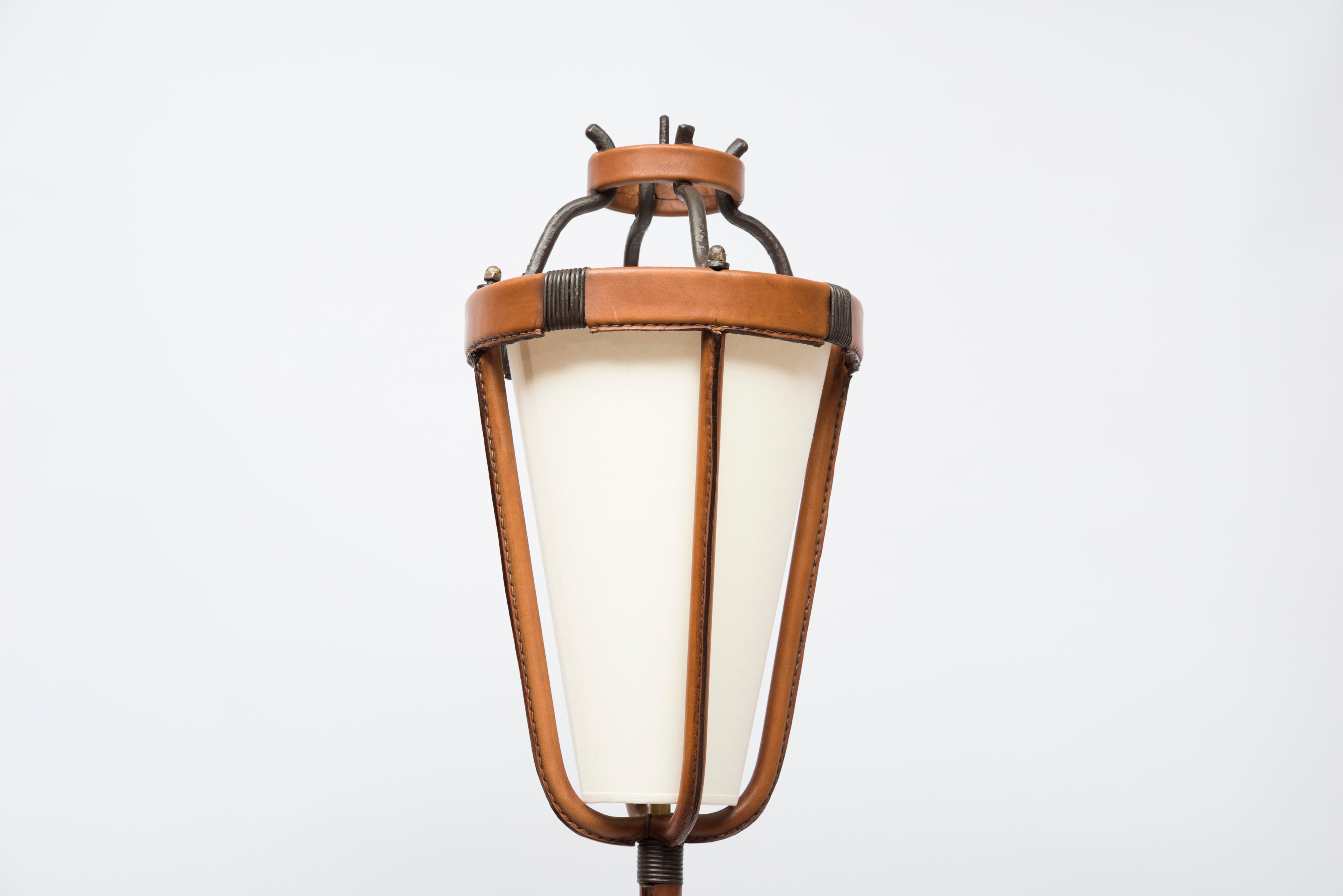 European 1950s Stitched Leather Floor Lamp by Jacques Adnet