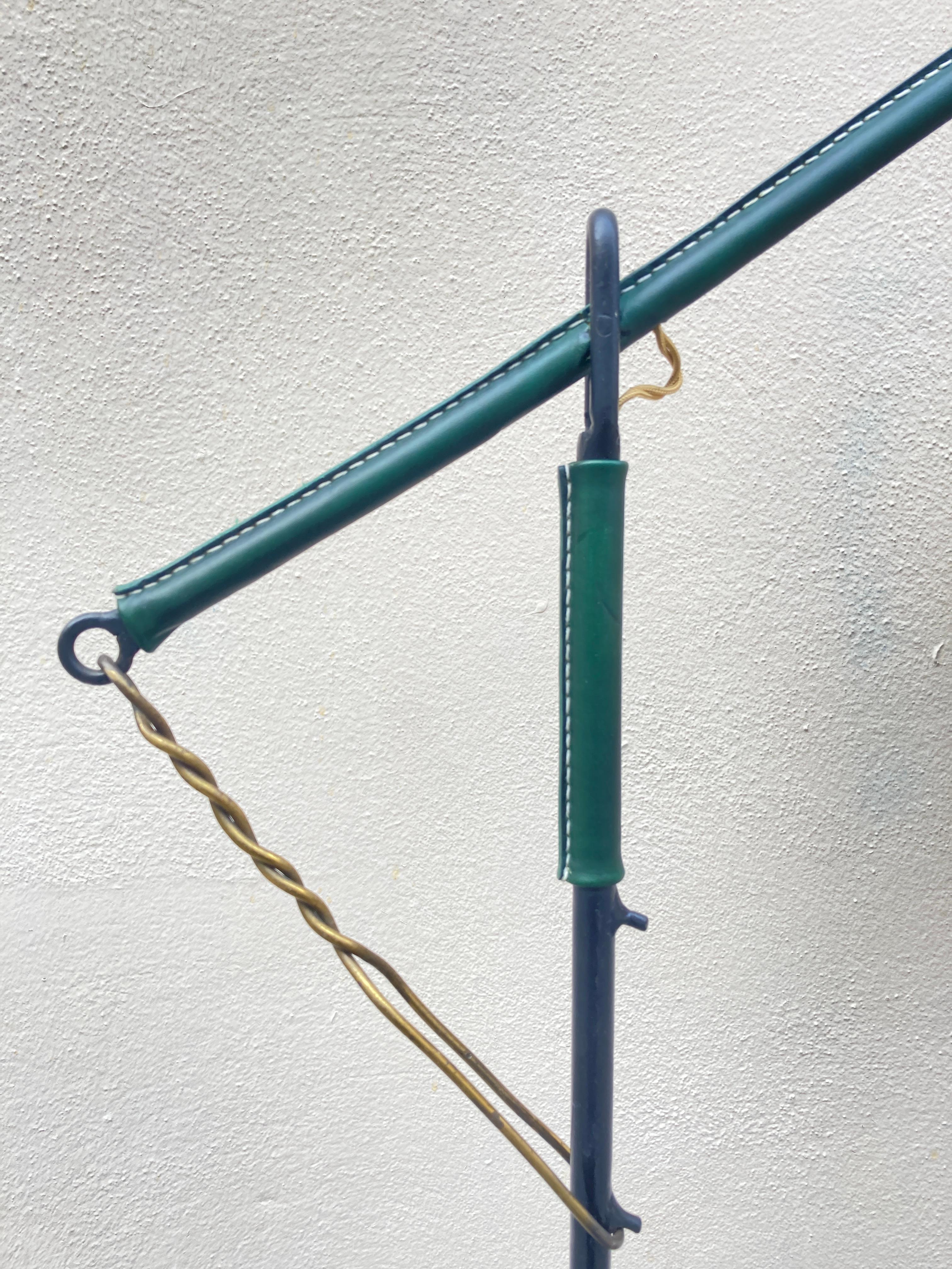 1950's Stitched leather floor lamp By Jacques Adnet
Nice green color 
Dimensions doesn't include shade
High : 160 / 172 cm