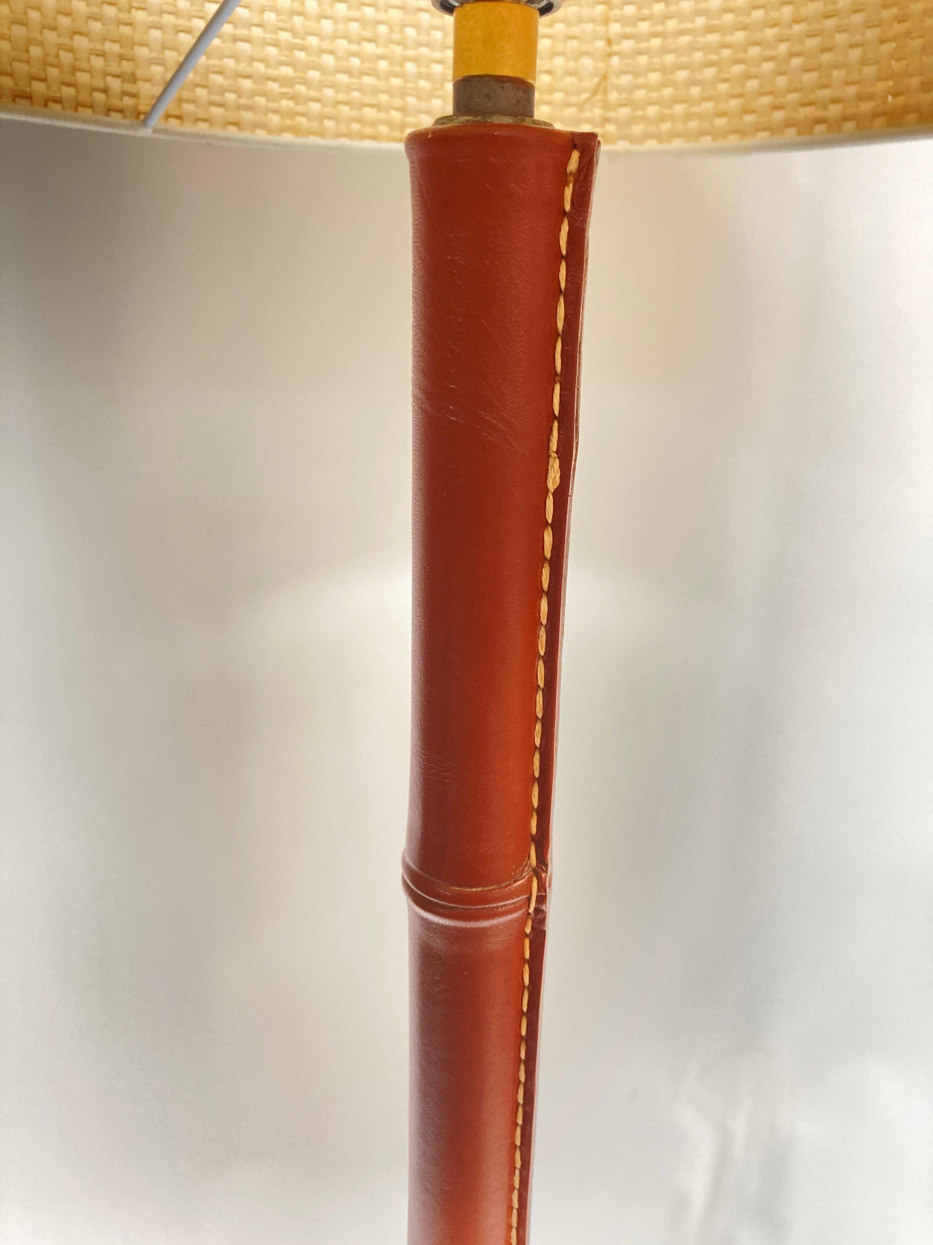 European 1950's Stitched leather Floor lamp By Jacques adnet For Sale