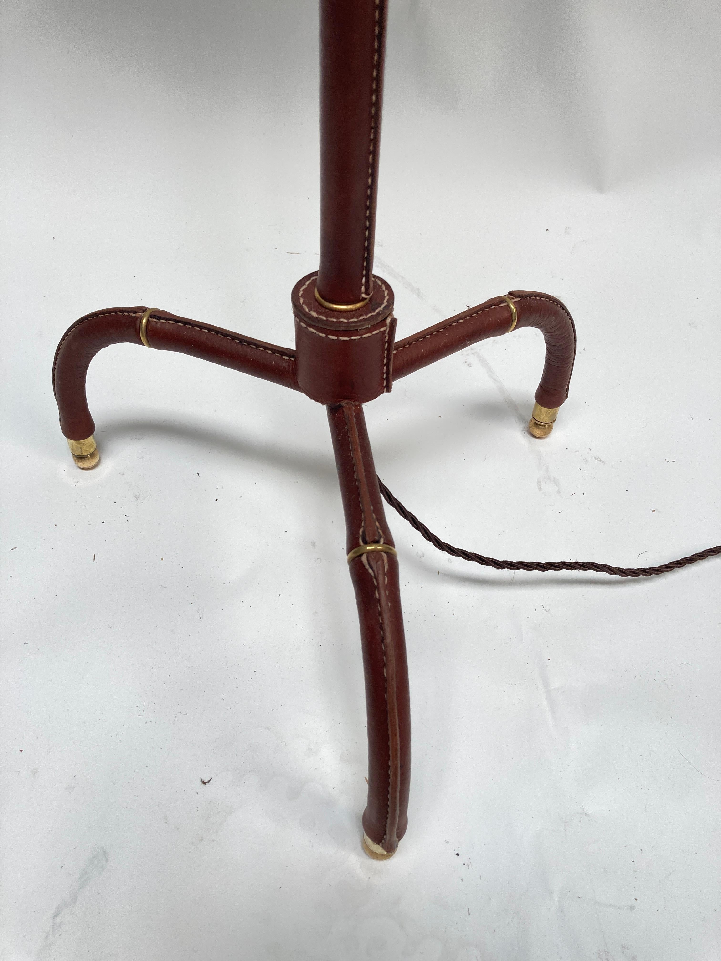 French 1950's Stitched leather Floor lamp By Jacques adnet For Sale