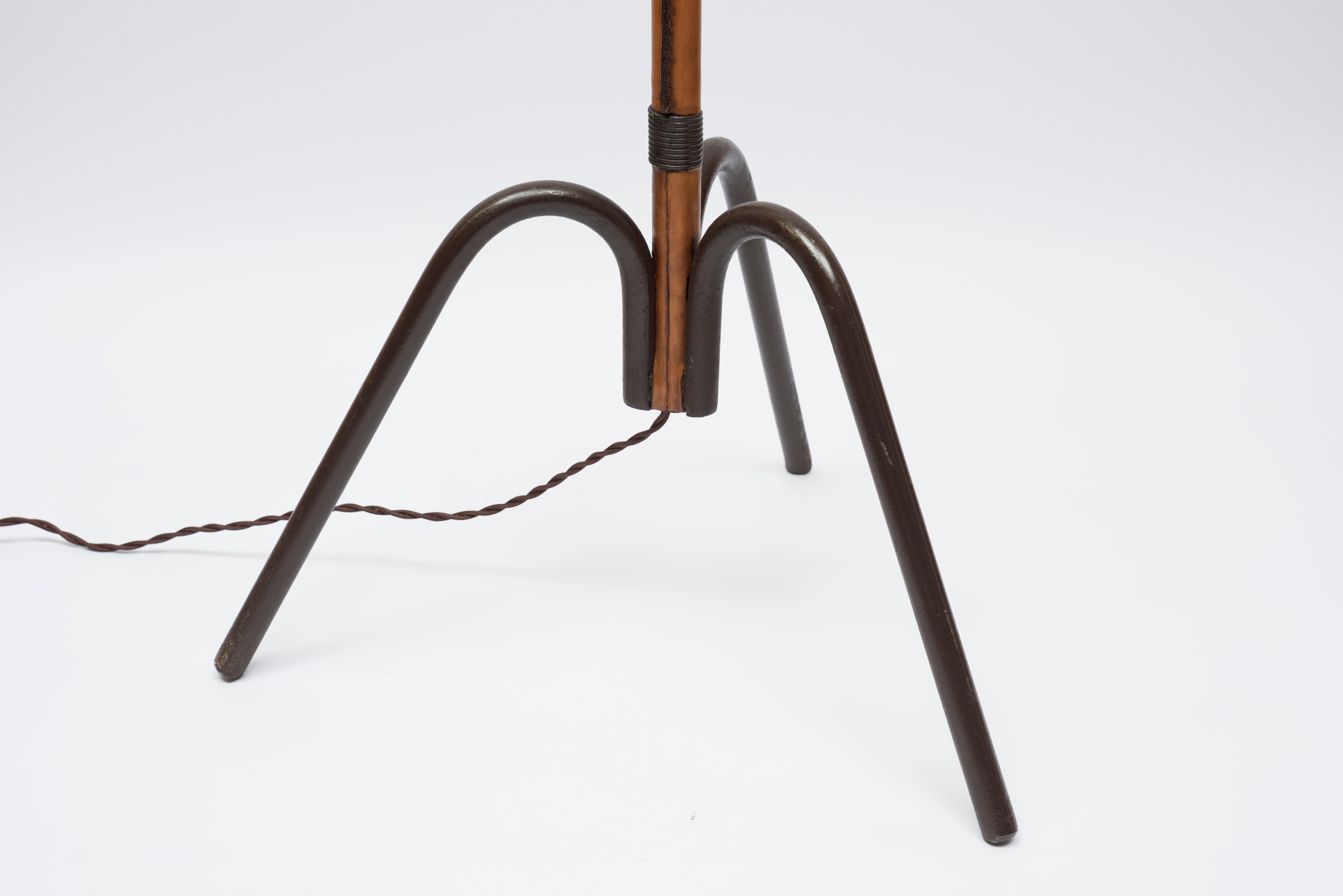 Metal 1950s Stitched Leather Floor Lamp by Jacques Adnet