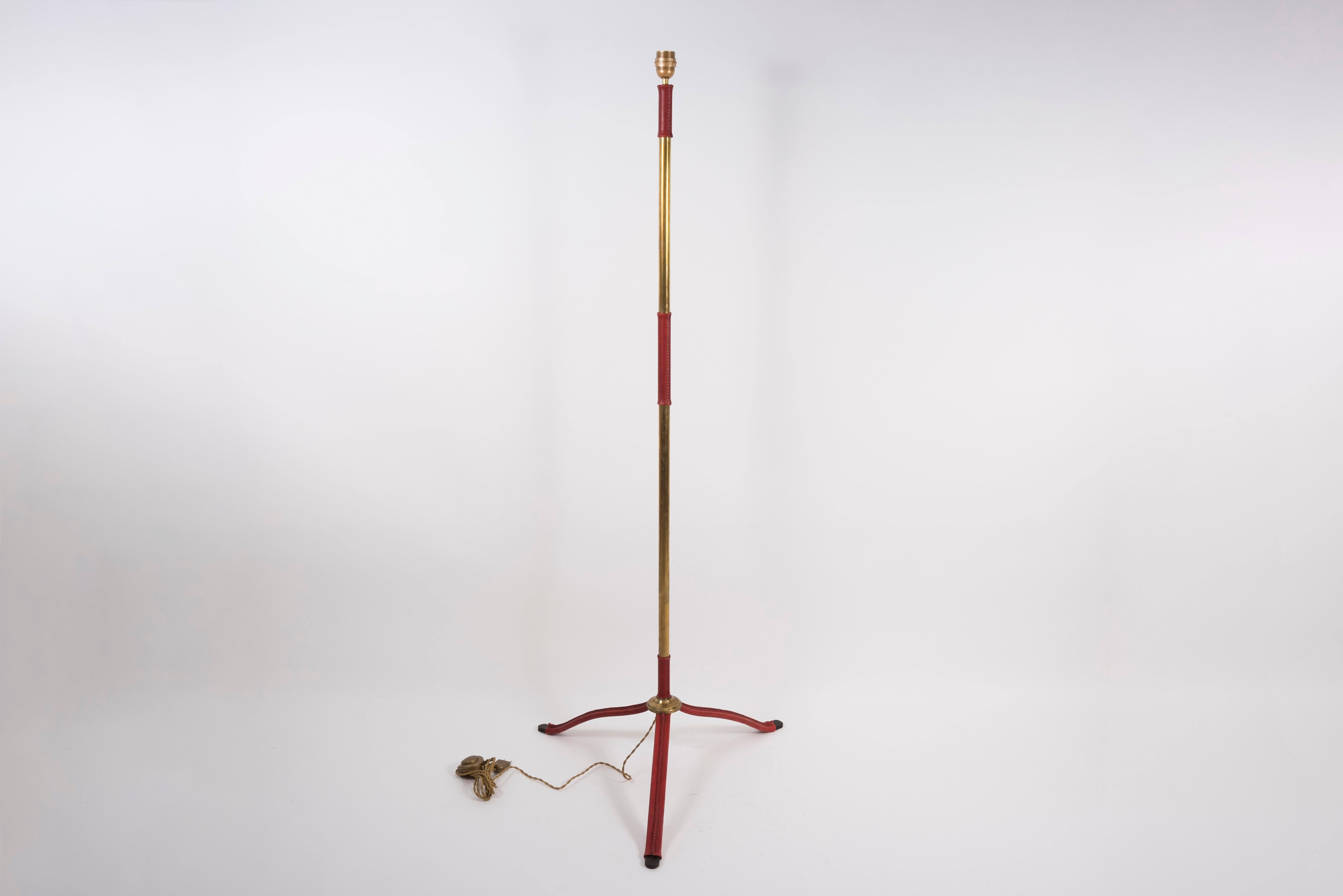 Mid-20th Century 1950's Stitched Leather Floor Lamp by Jacques Adnet For Sale