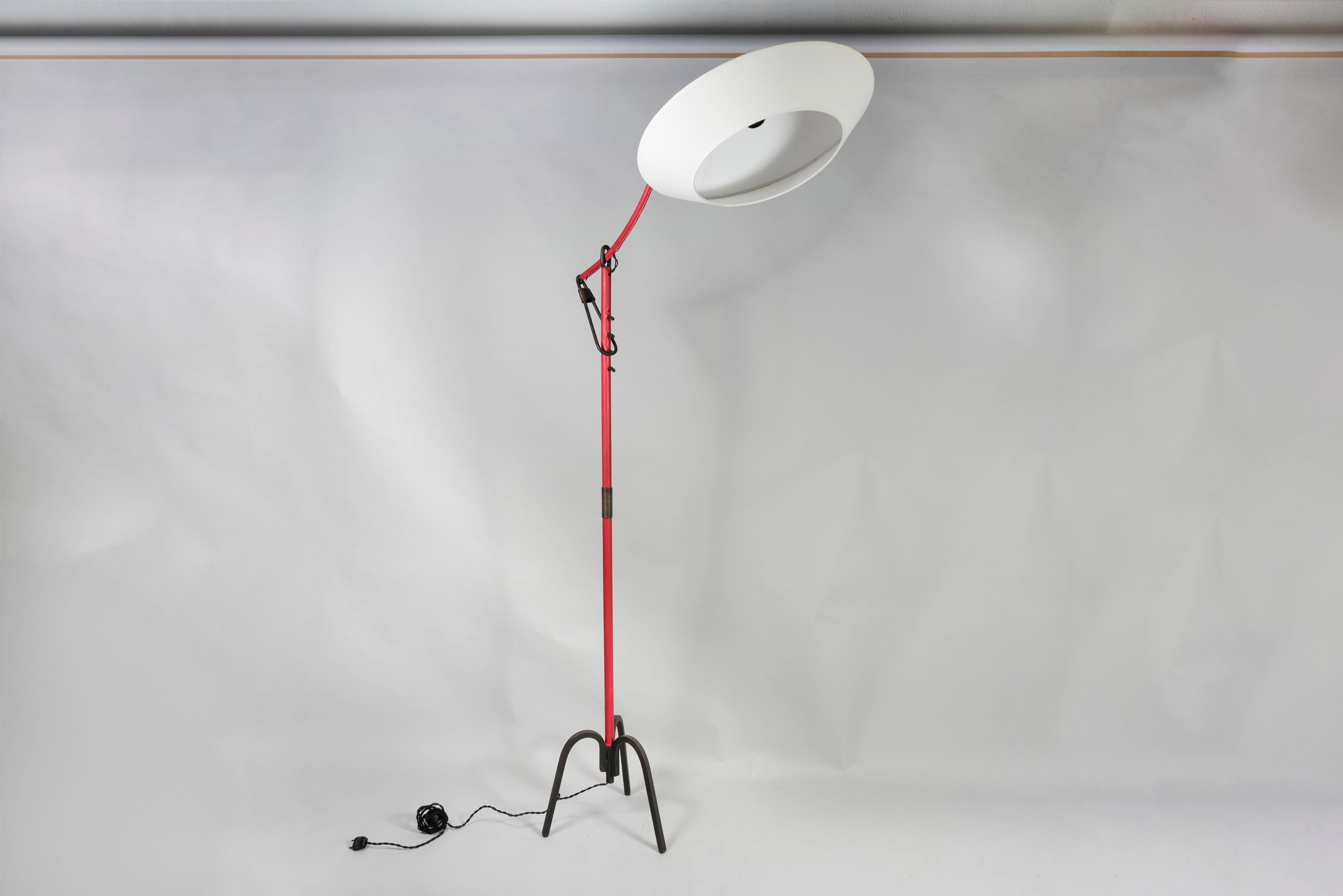 Mid-20th Century 1950's Stitched Leather Floor Lamp by Jacques Adnet For Sale