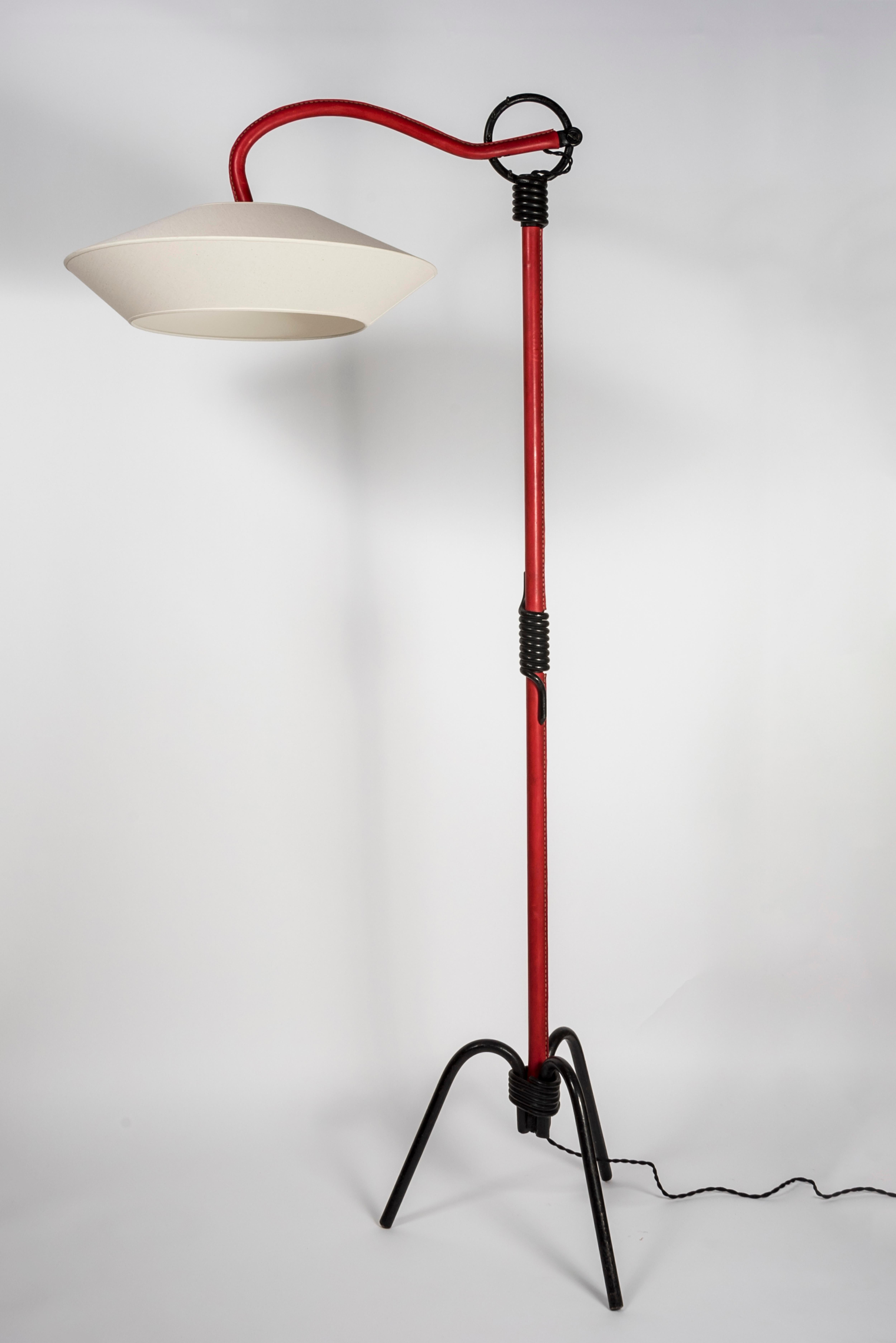 Metal 1950s Stitched Leather Floor Lamp by Jacques Adnet For Sale