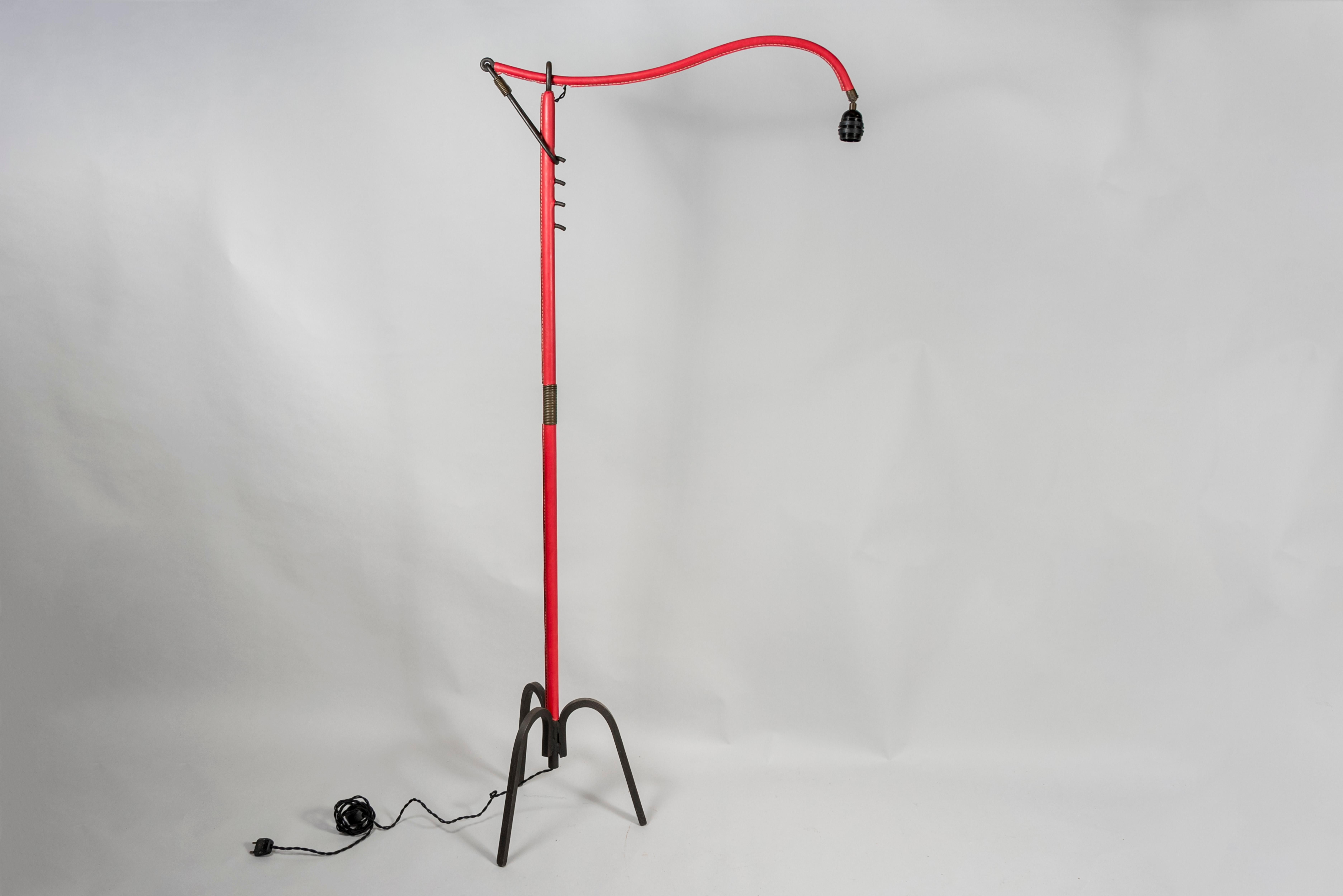 Metal 1950's Stitched Leather Floor Lamp by Jacques Adnet For Sale
