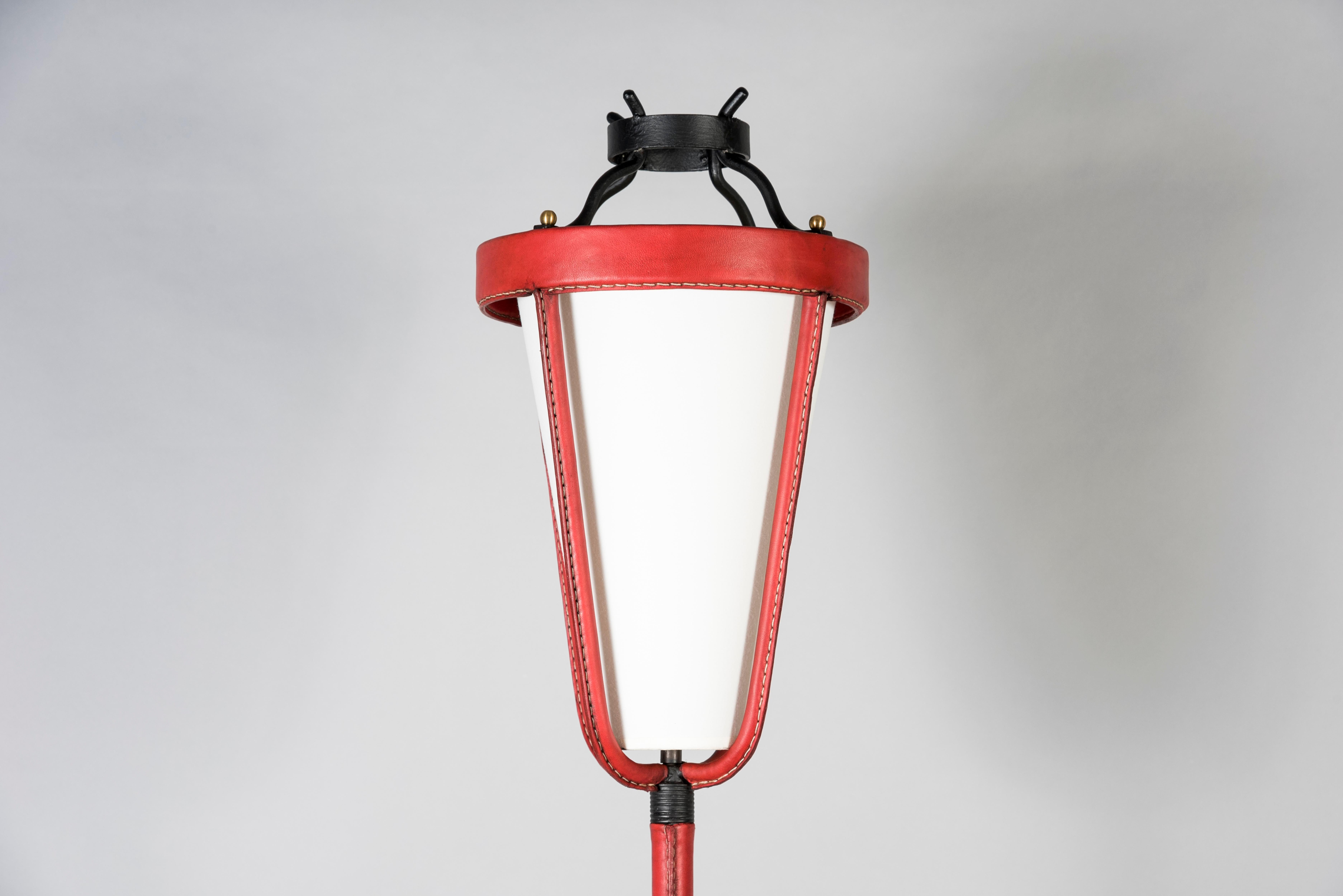 Metal 1950's Stitched Leather Floor Lamp by Jacques Adnet For Sale