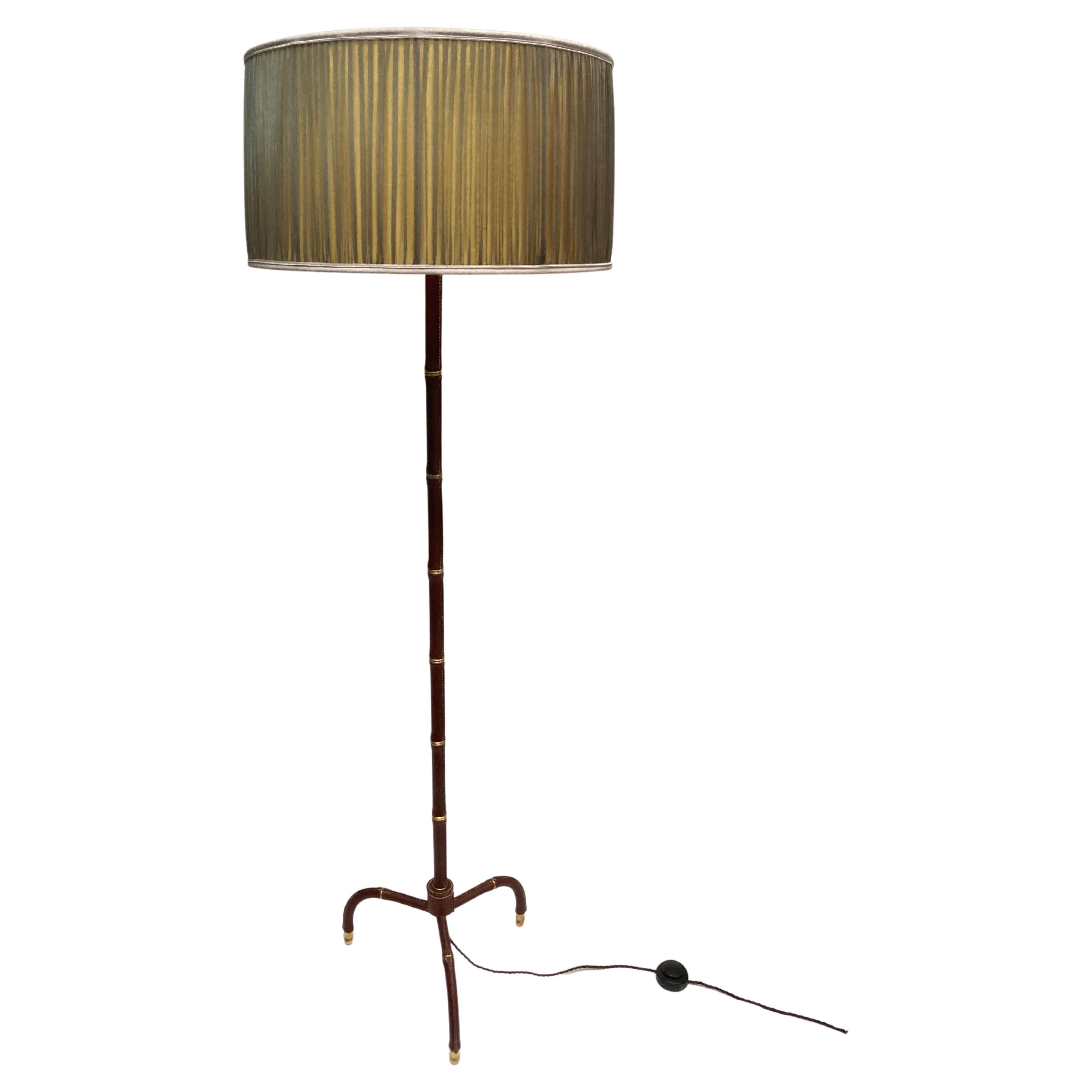 1950's Stitched leather Floor lamp By Jacques adnet For Sale
