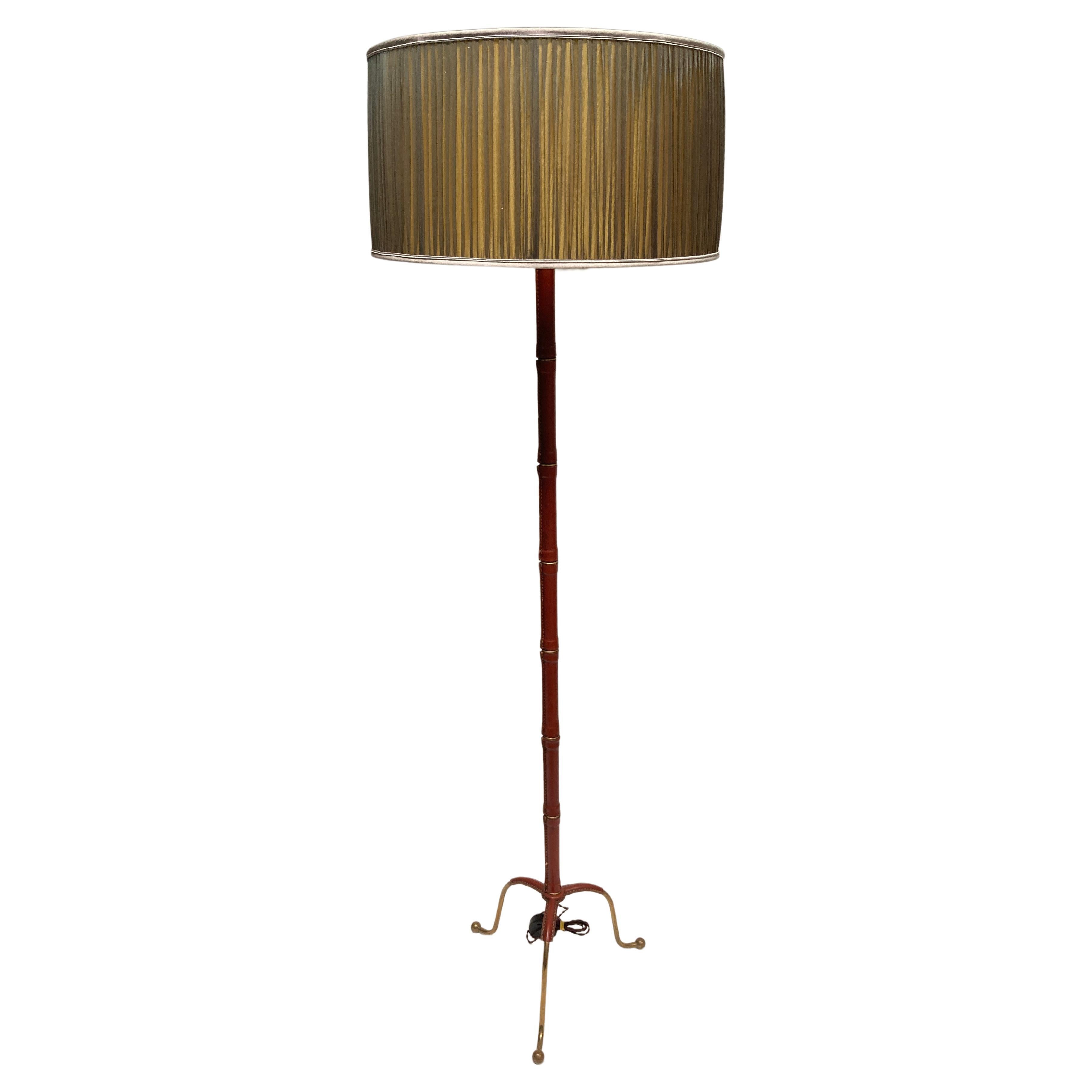1950's Stitched leather Floor lamp By Jacques adnet For Sale