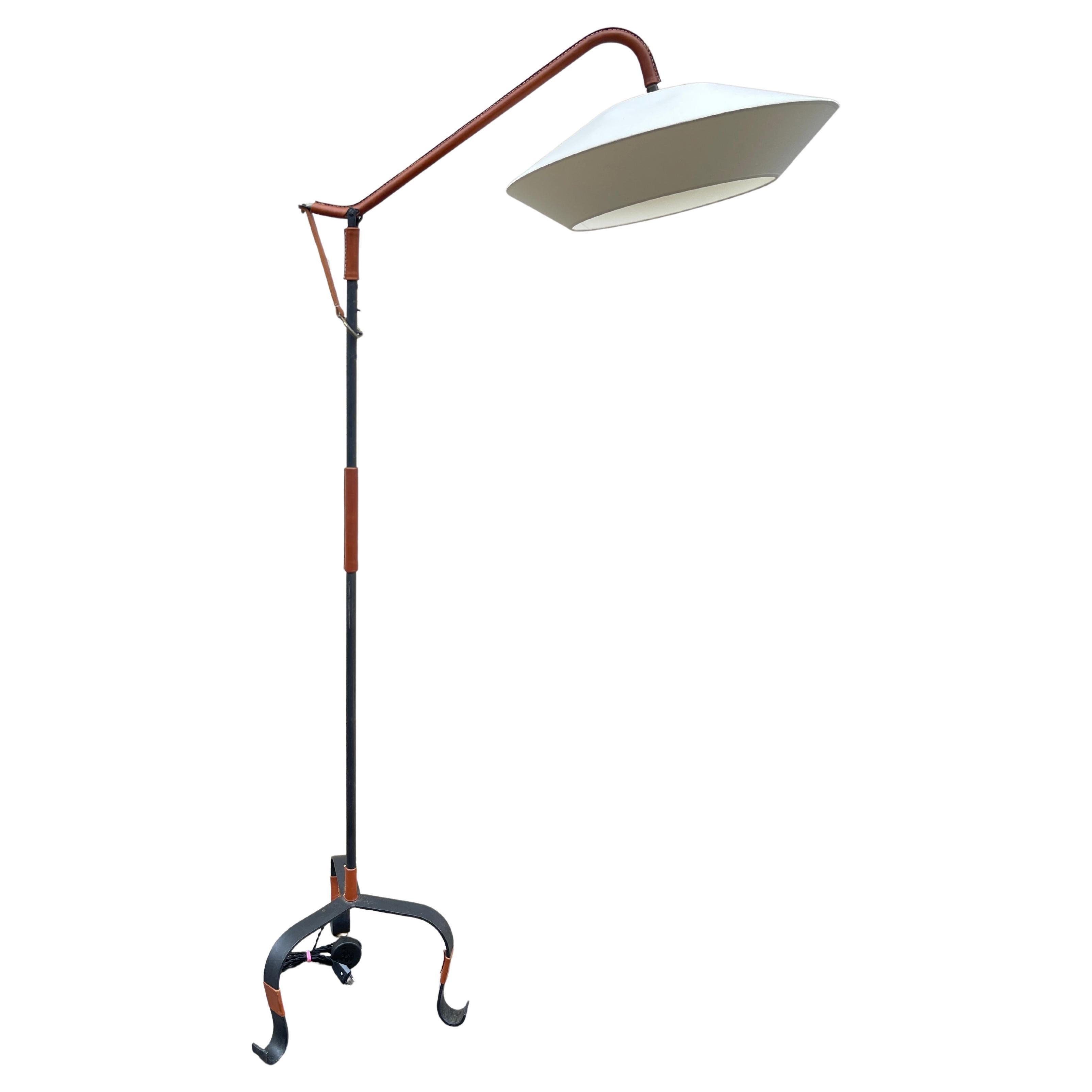 1950's Stitched Leather Stehlampe von Jacques Adnet