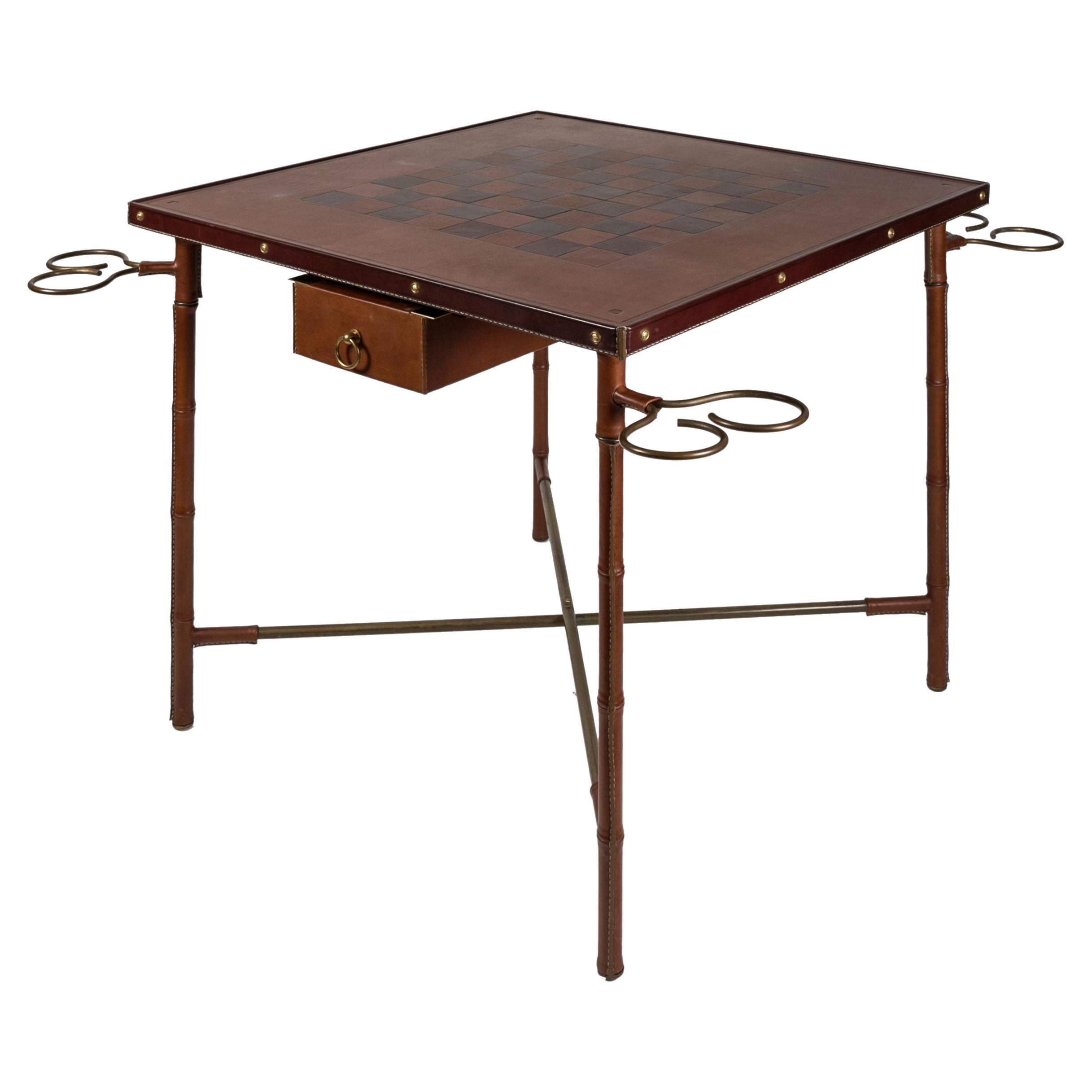 Table de jeu en cuir cousue par Jacques Adnet des années 1950