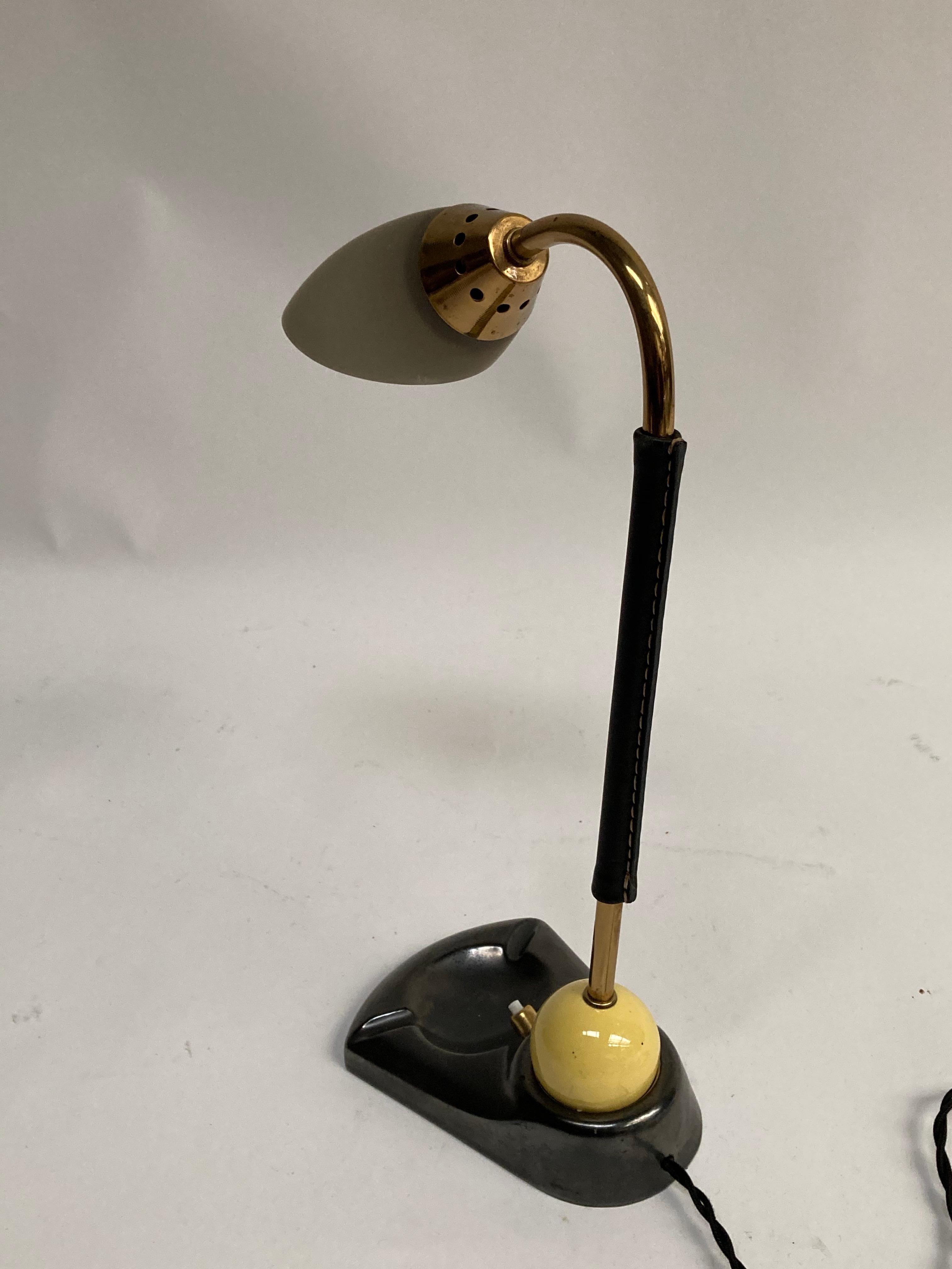 Brass 1950's Stitched Leather Lamp by Jacques Adnet For Sale