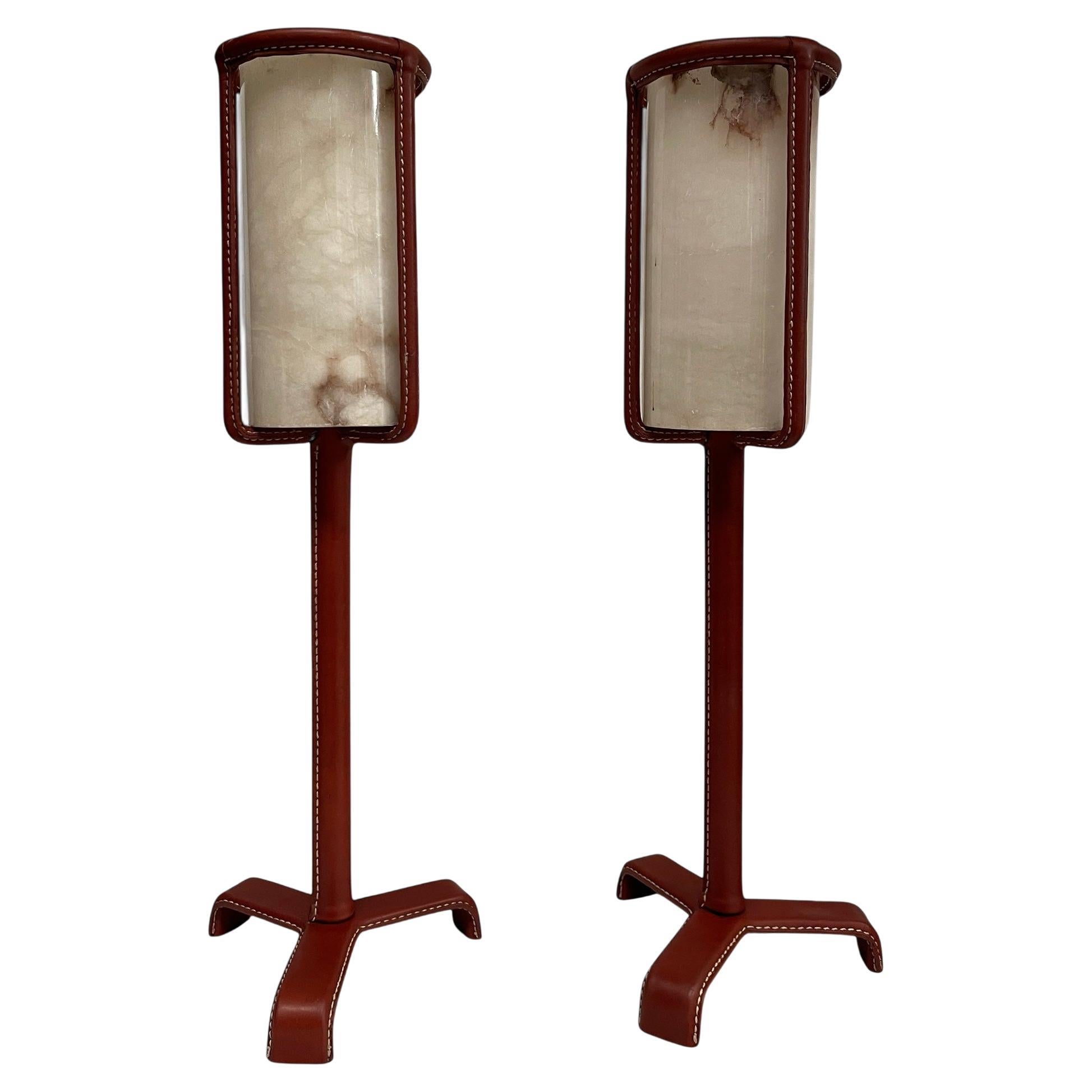 1950's Stitched leather lamps by Jacques Adnet