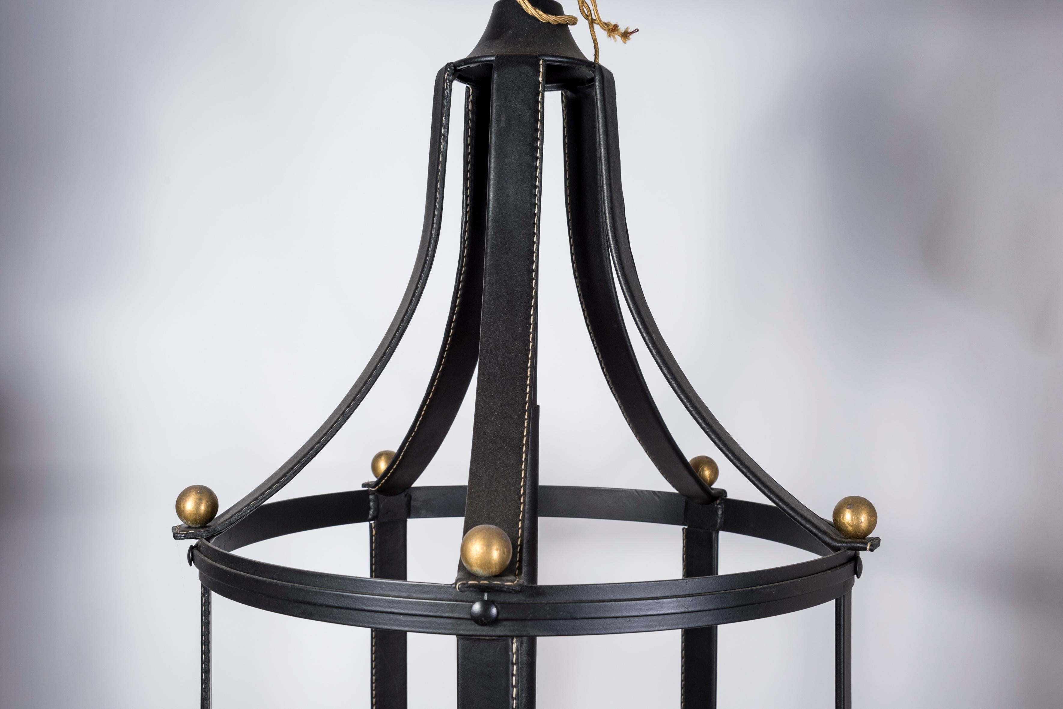 French 1950's Stitched Leather Lantern by Jacques Adnet For Sale