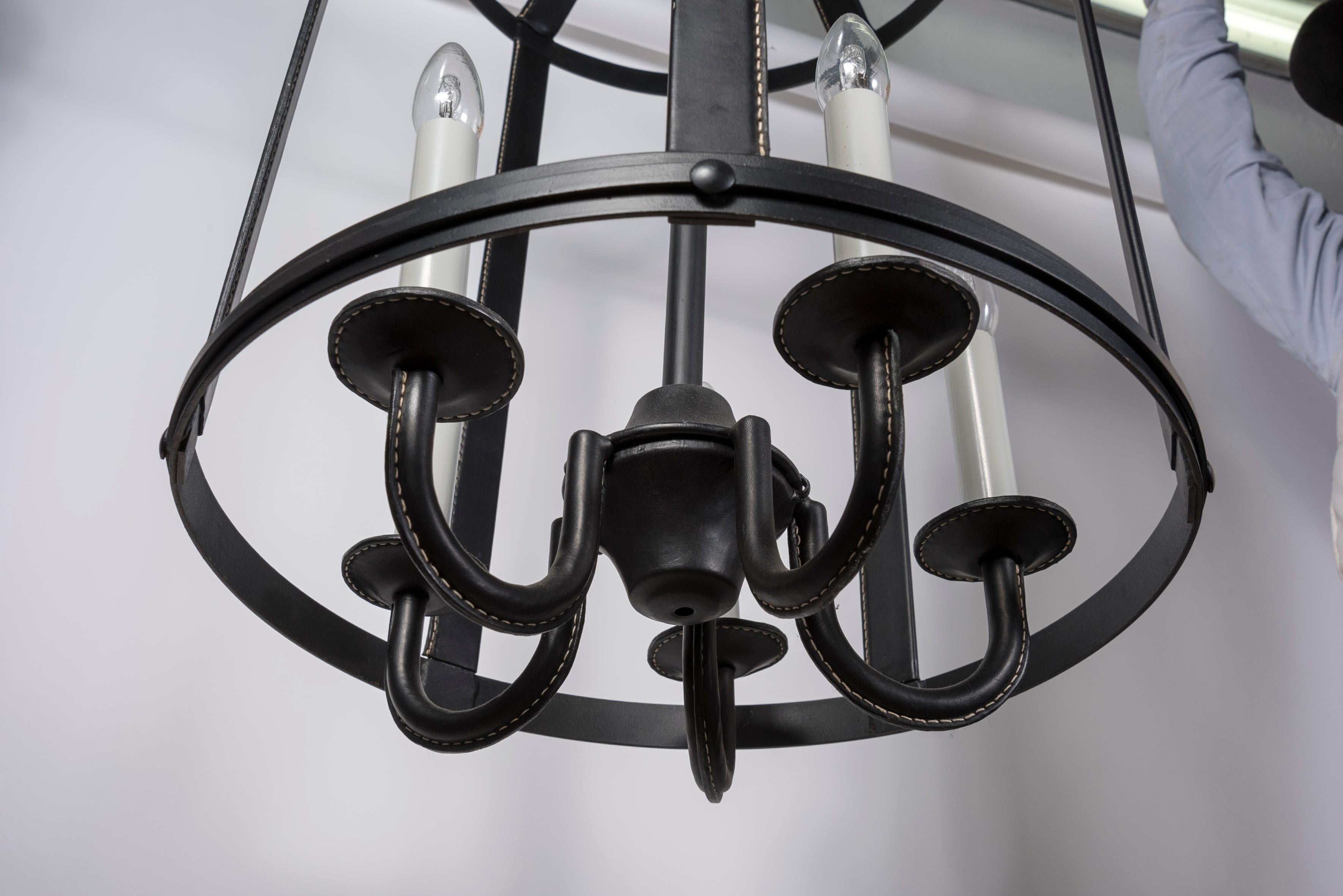 1950's Stitched Leather Lantern by Jacques Adnet For Sale 1