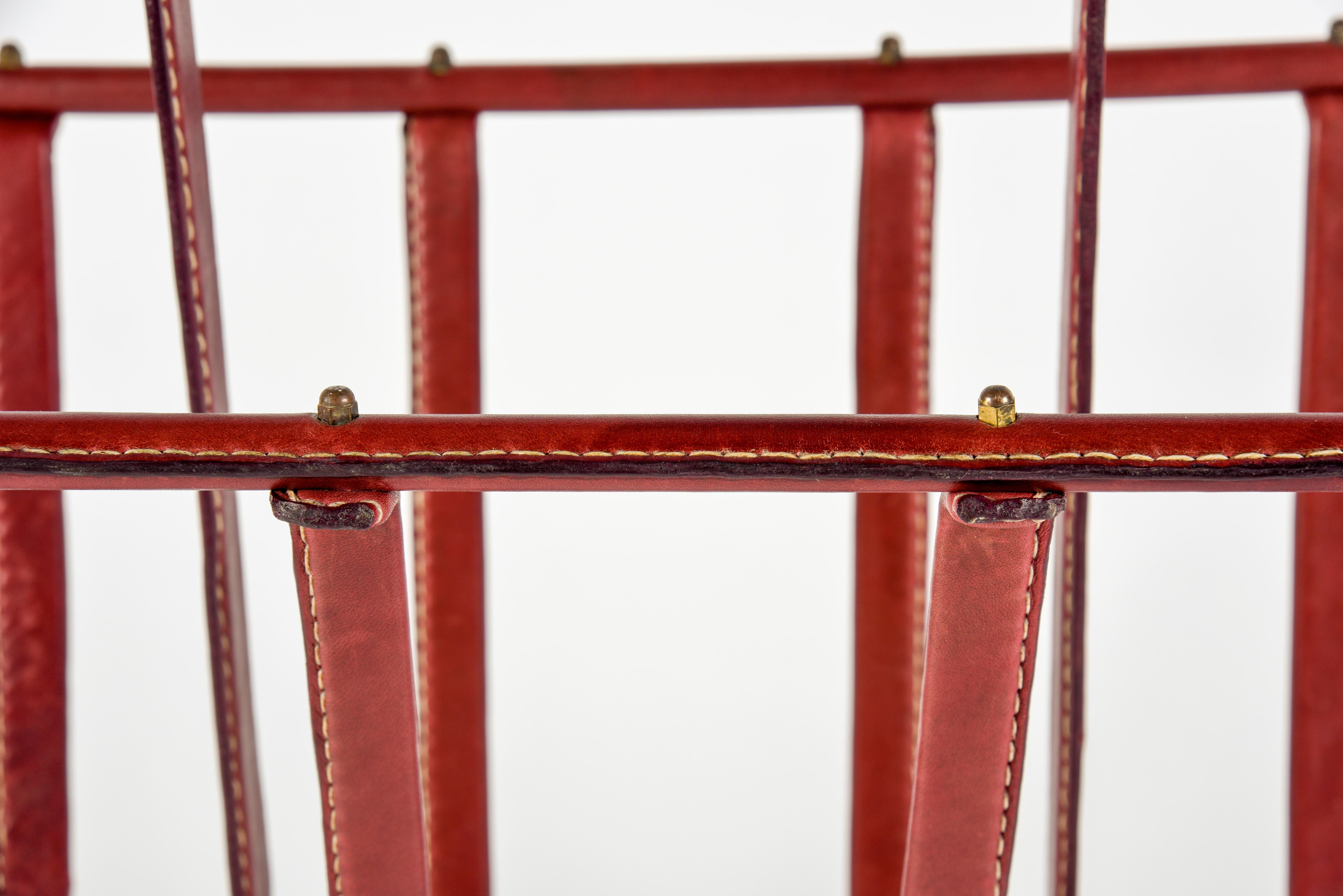 1950s Stitched Leather Magazine Rack by Jacques Adnet In Excellent Condition In New York, NY