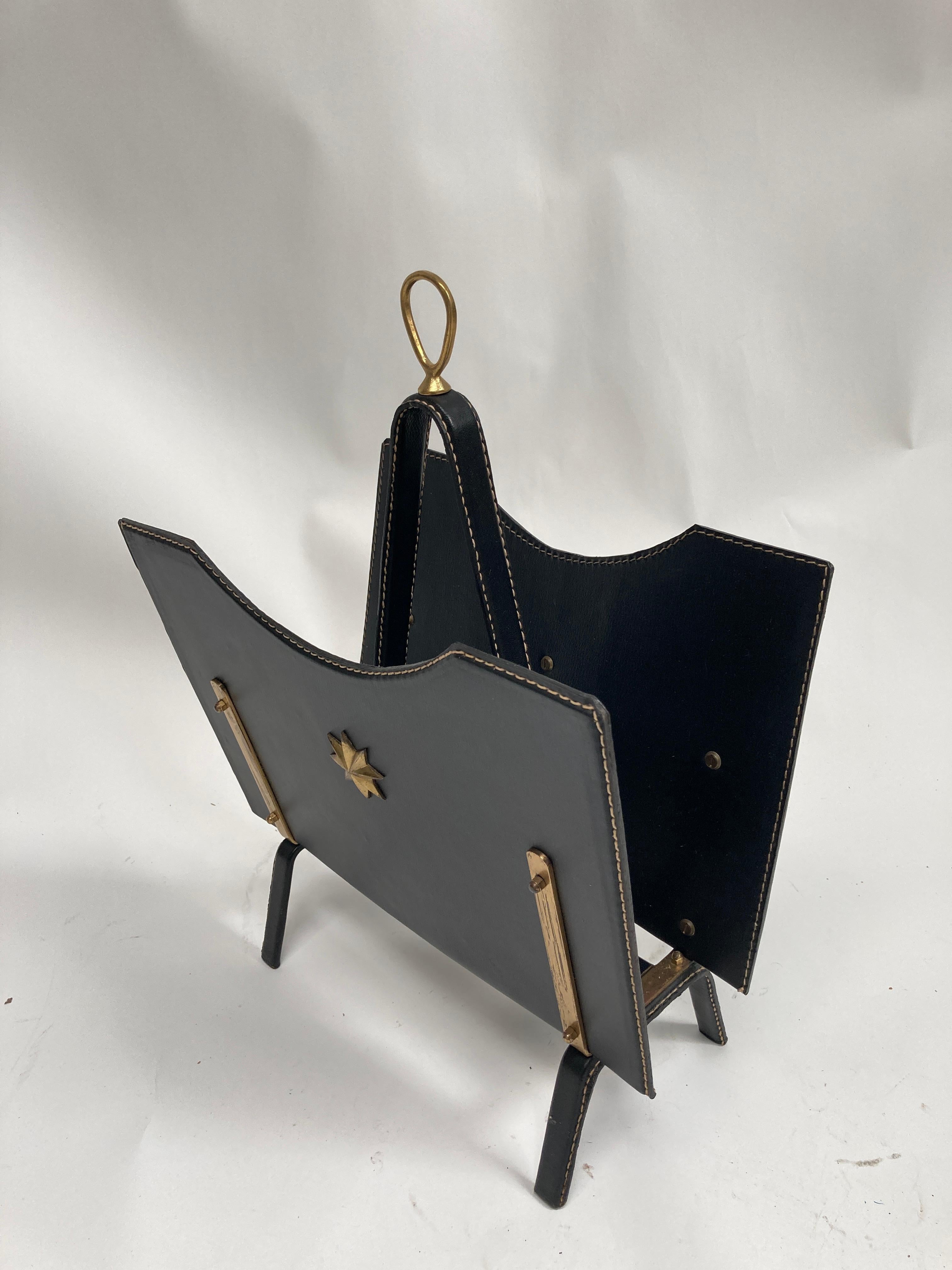 1950's stitched leather magazine rack by Jacques Adnet For Sale 1