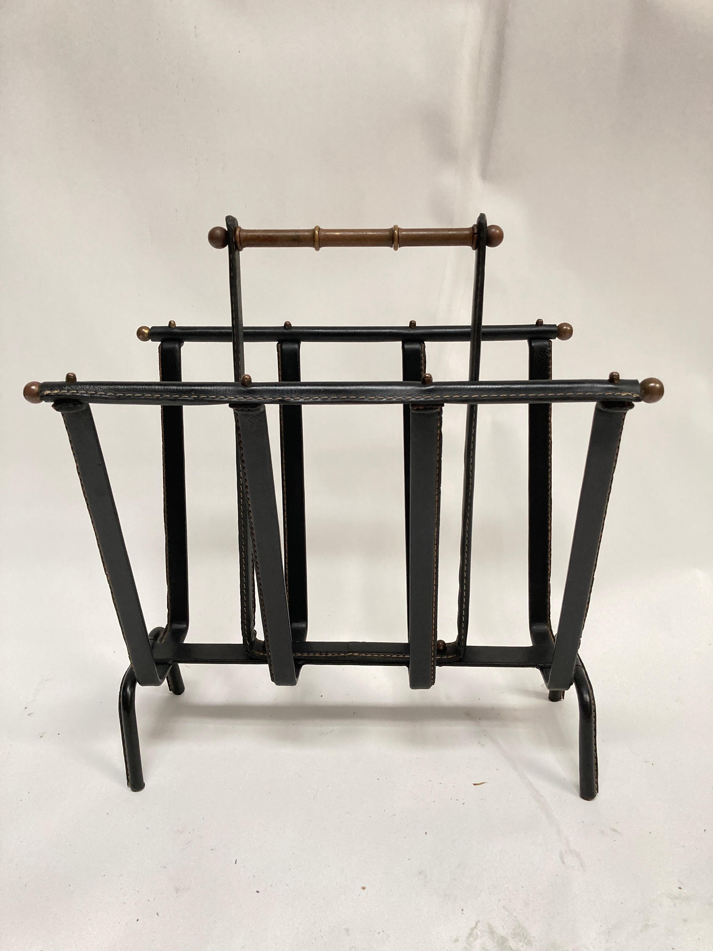 1950's stitched leather magazine rack by Jacques Adnet For Sale 1