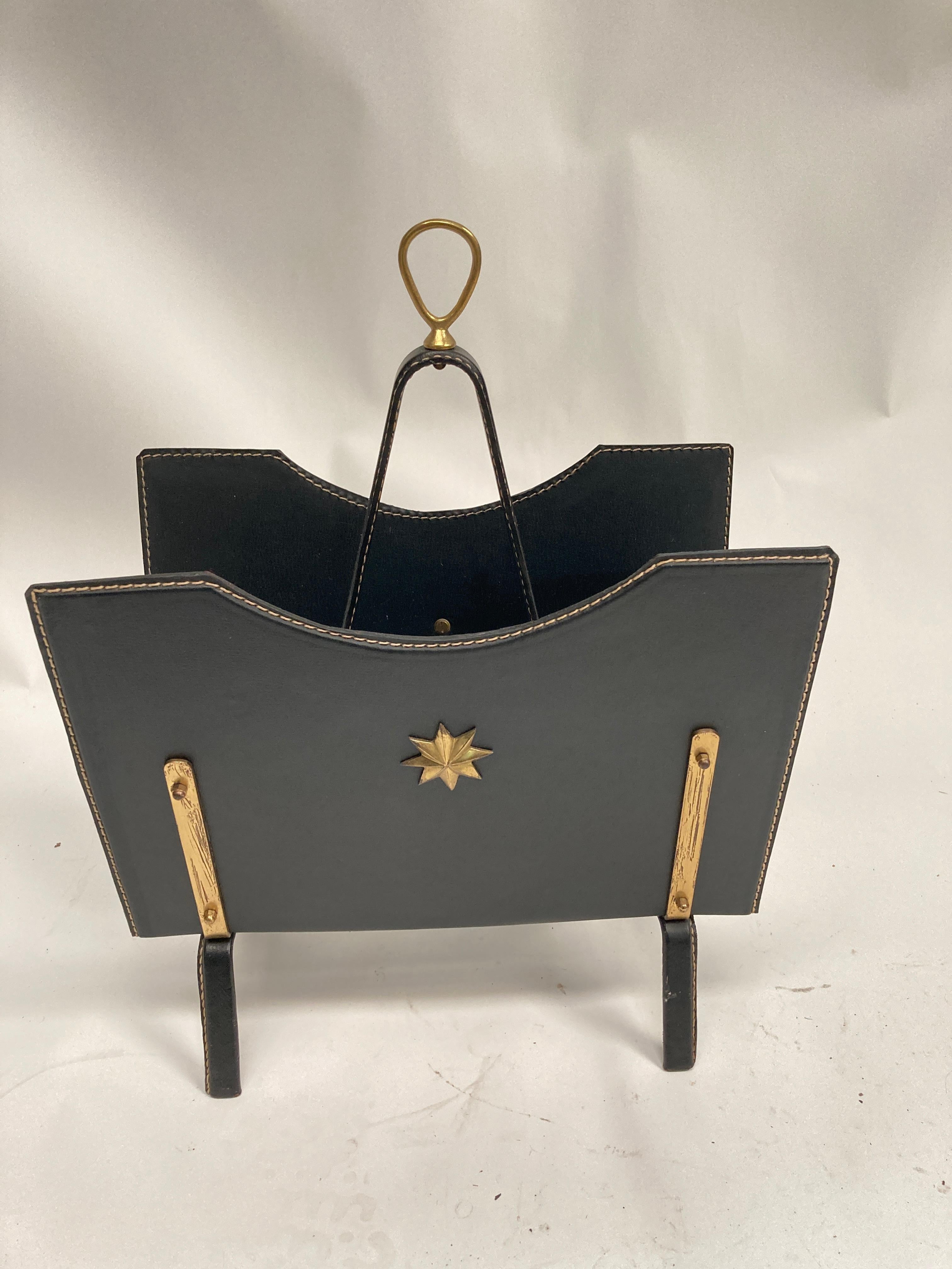 1950's stitched leather magazine rack by Jacques Adnet For Sale 2