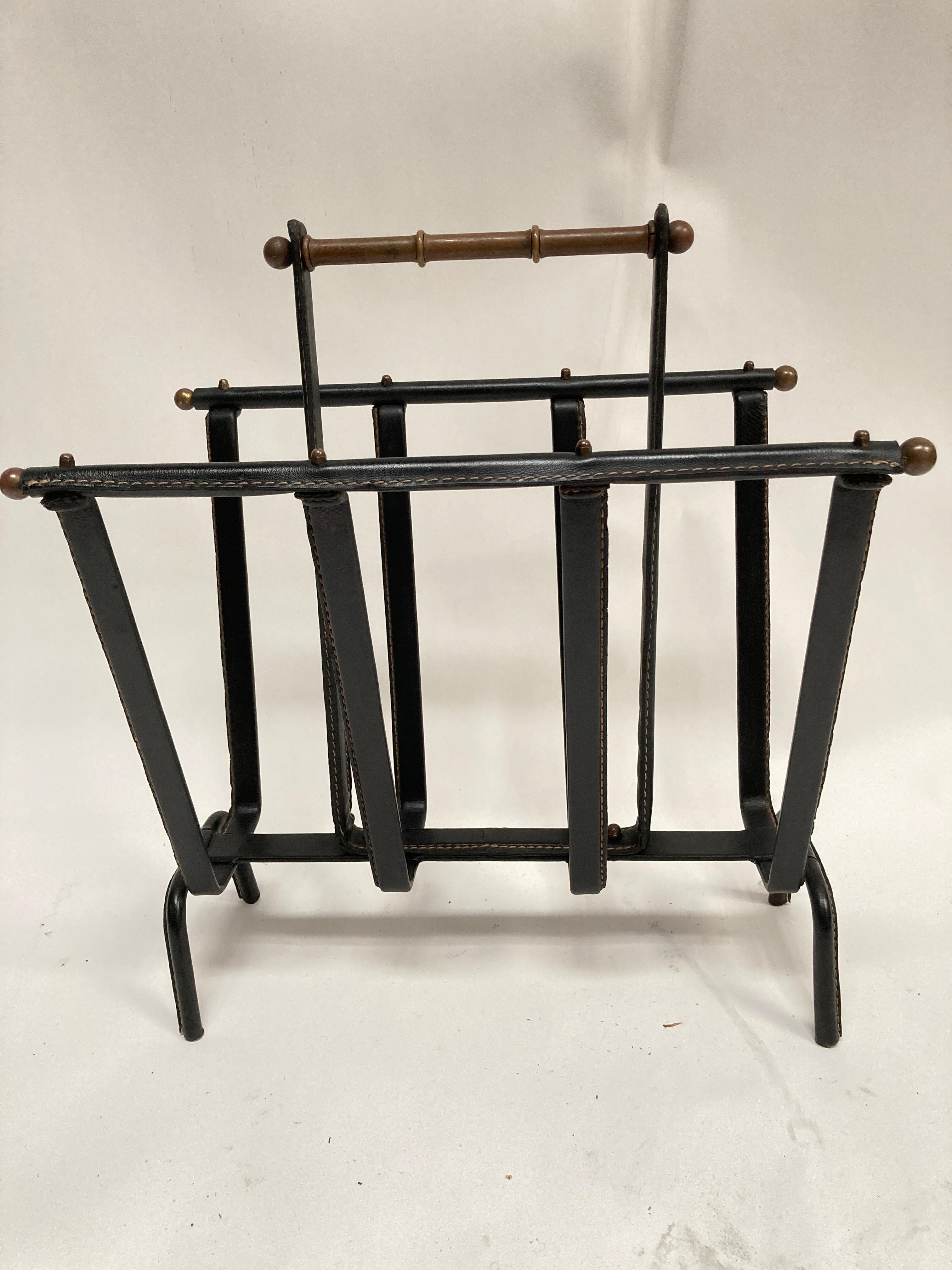 1950's stitched leather magazine rack by Jacques Adnet For Sale 2