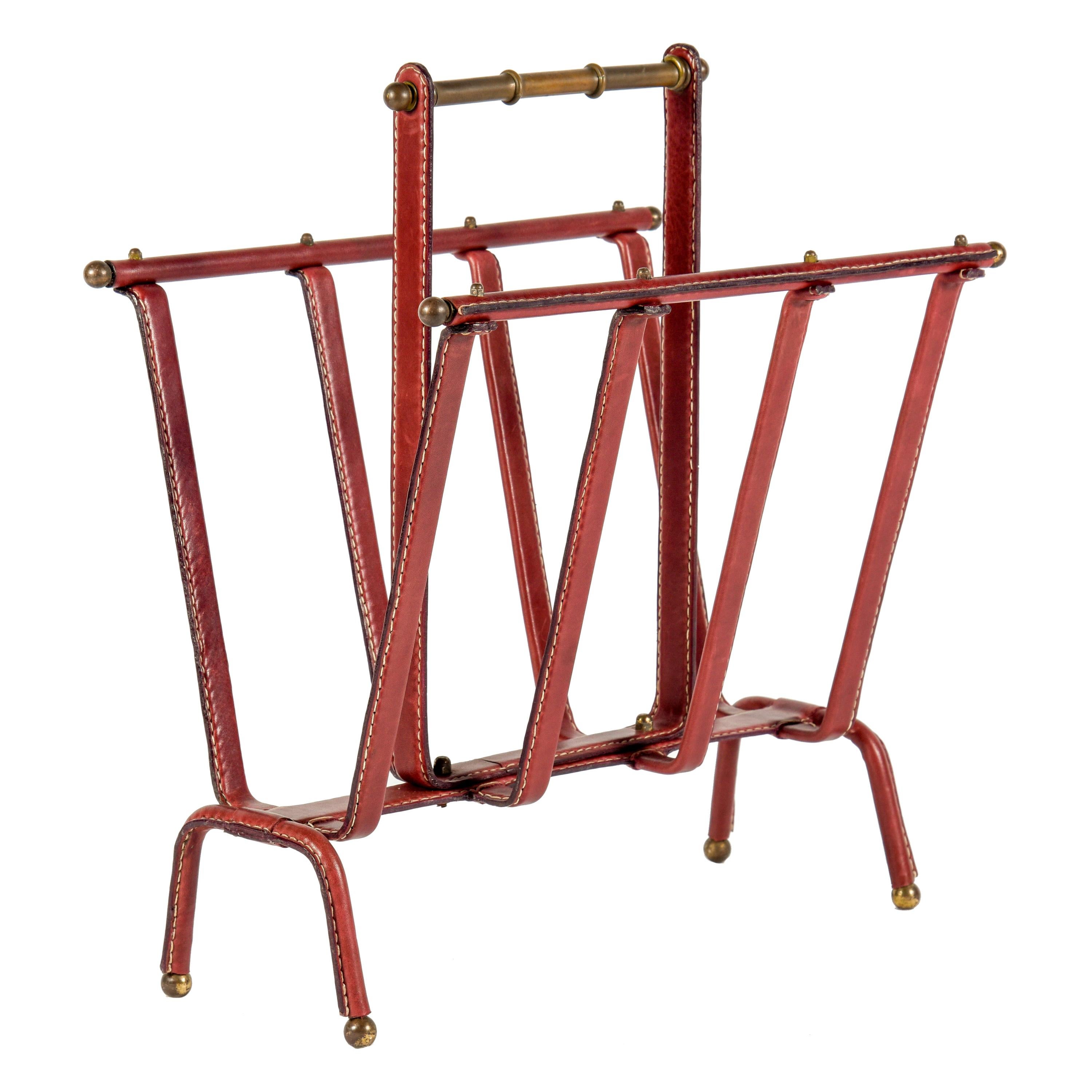 1950s Stitched Leather Magazine Rack by Jacques Adnet