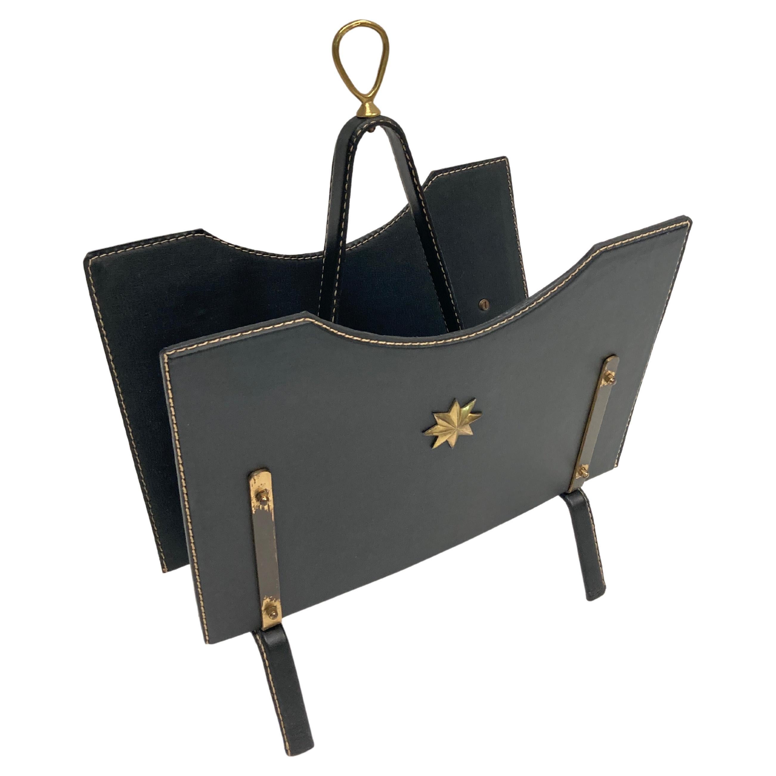1950's stitched leather magazine rack by Jacques Adnet For Sale
