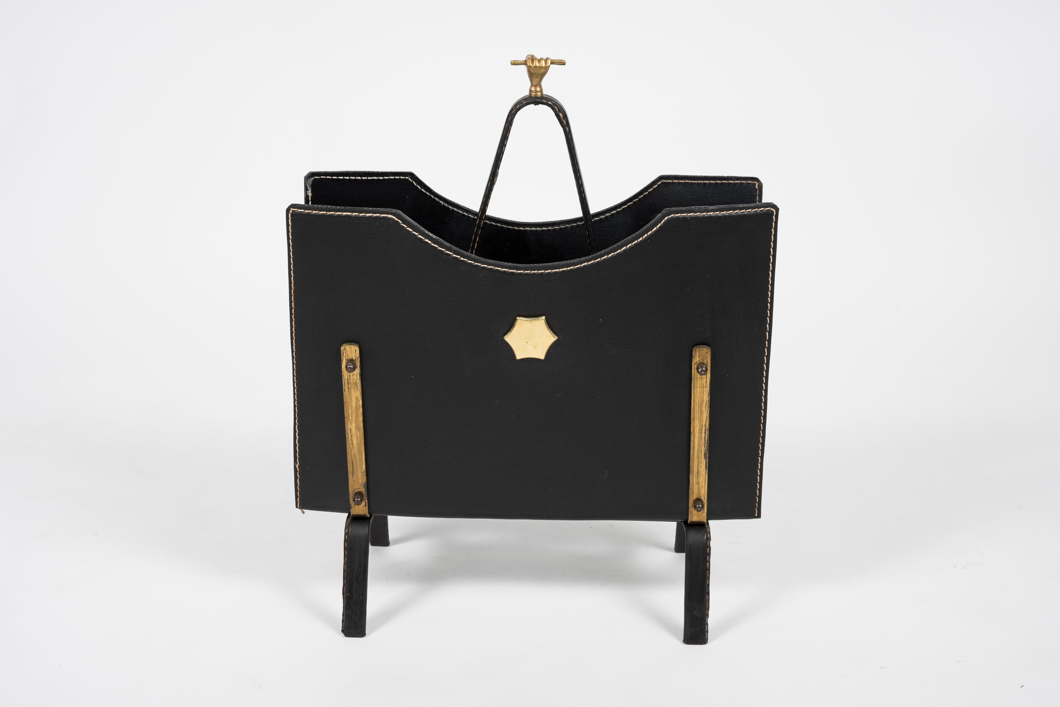 Mid-20th Century 1950s Stitched Leather Magazine Racks by Jacques Adnet For Sale