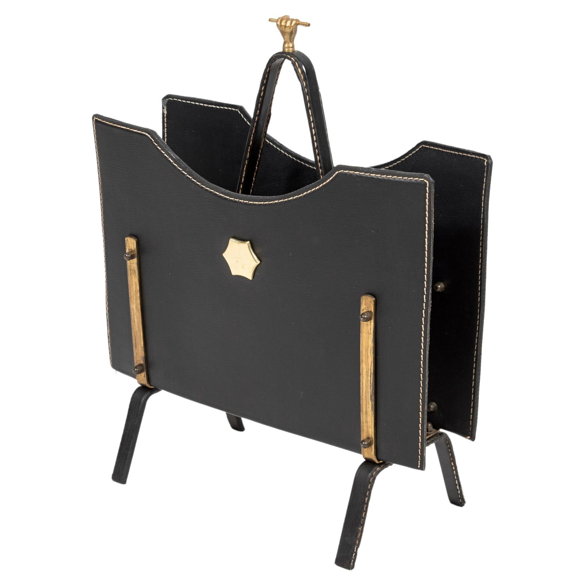 1950s Stitched Leather Magazine Racks by Jacques Adnet For Sale