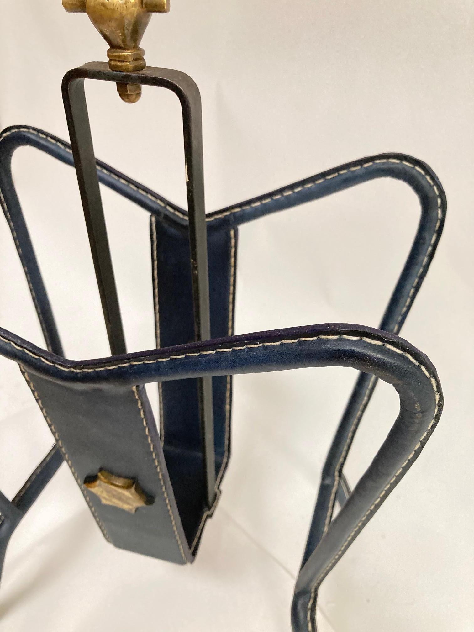 Mid-20th Century 1950's Stitched Leather Magazines Rack by Jacques Adnet For Sale