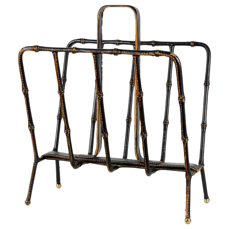 1950s Stitched Leather Magazines Rack by Jacques Adnet For Sale