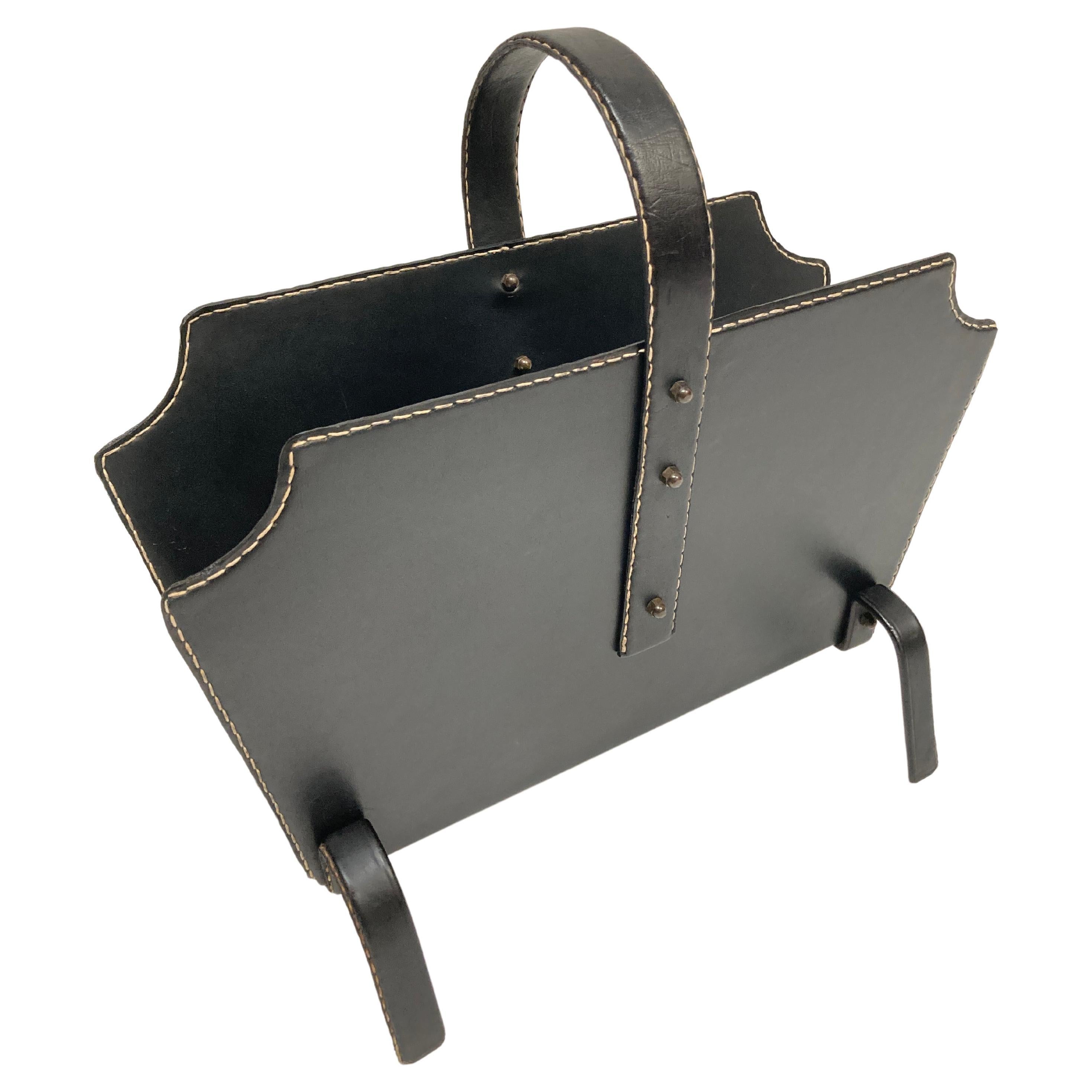 1950's Stitched leather Magazines rack  By Jacques Adnet For Sale
