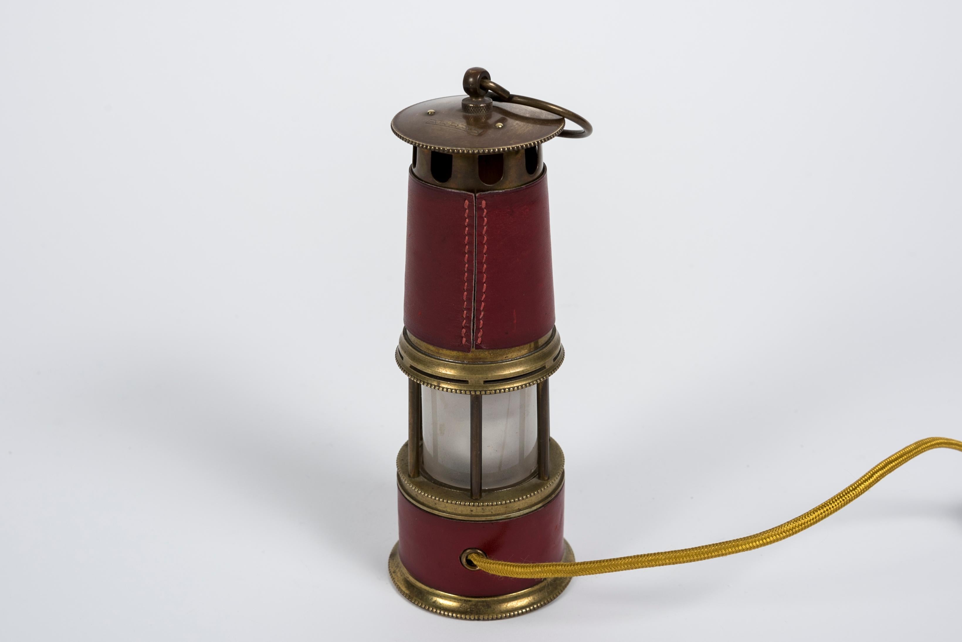 Brass 1950's Stitched Leather Mine Lamp by Maison Hermès For Sale