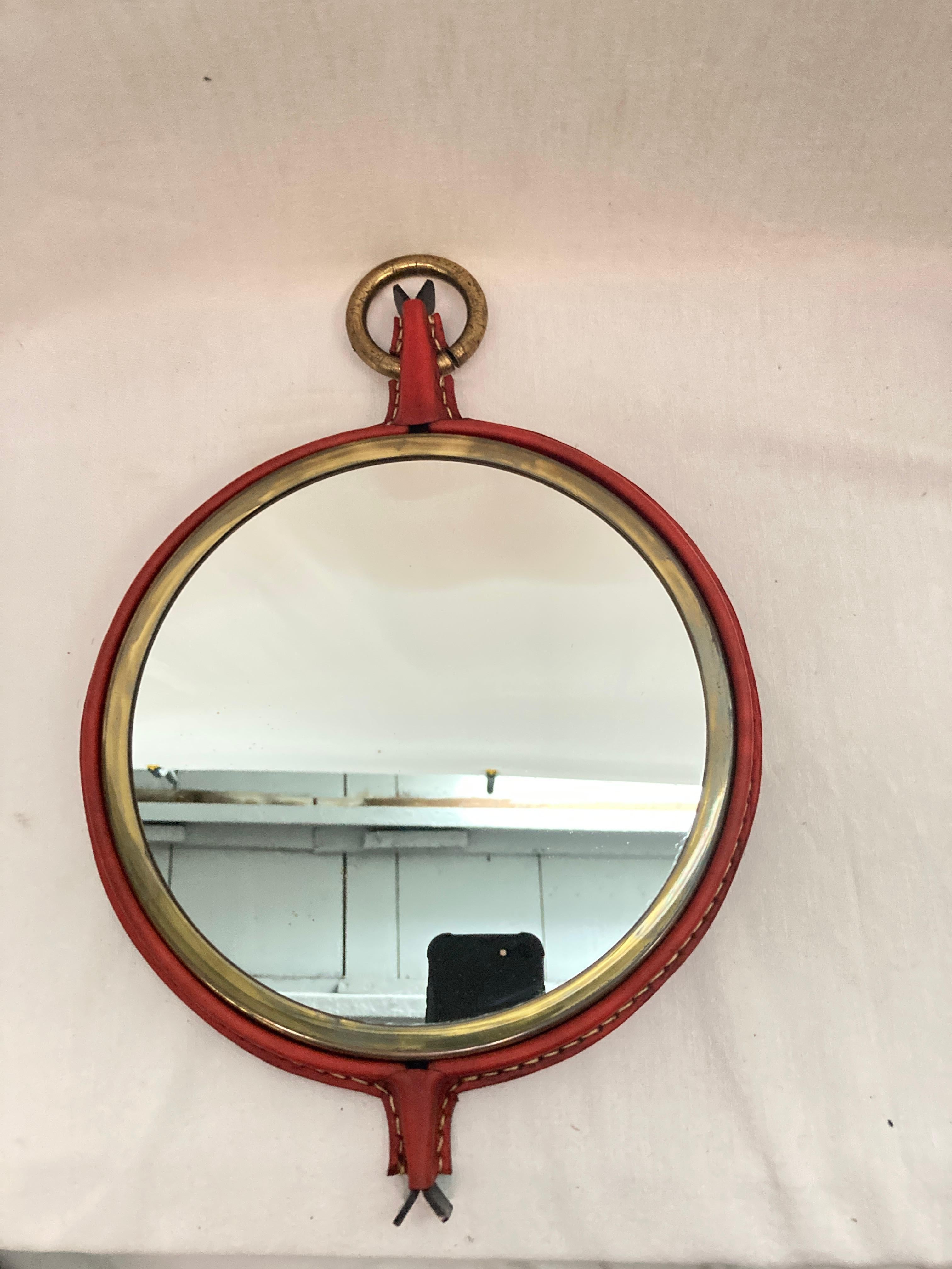 1950's Stitched leather mirror by Jacques Adnet 4