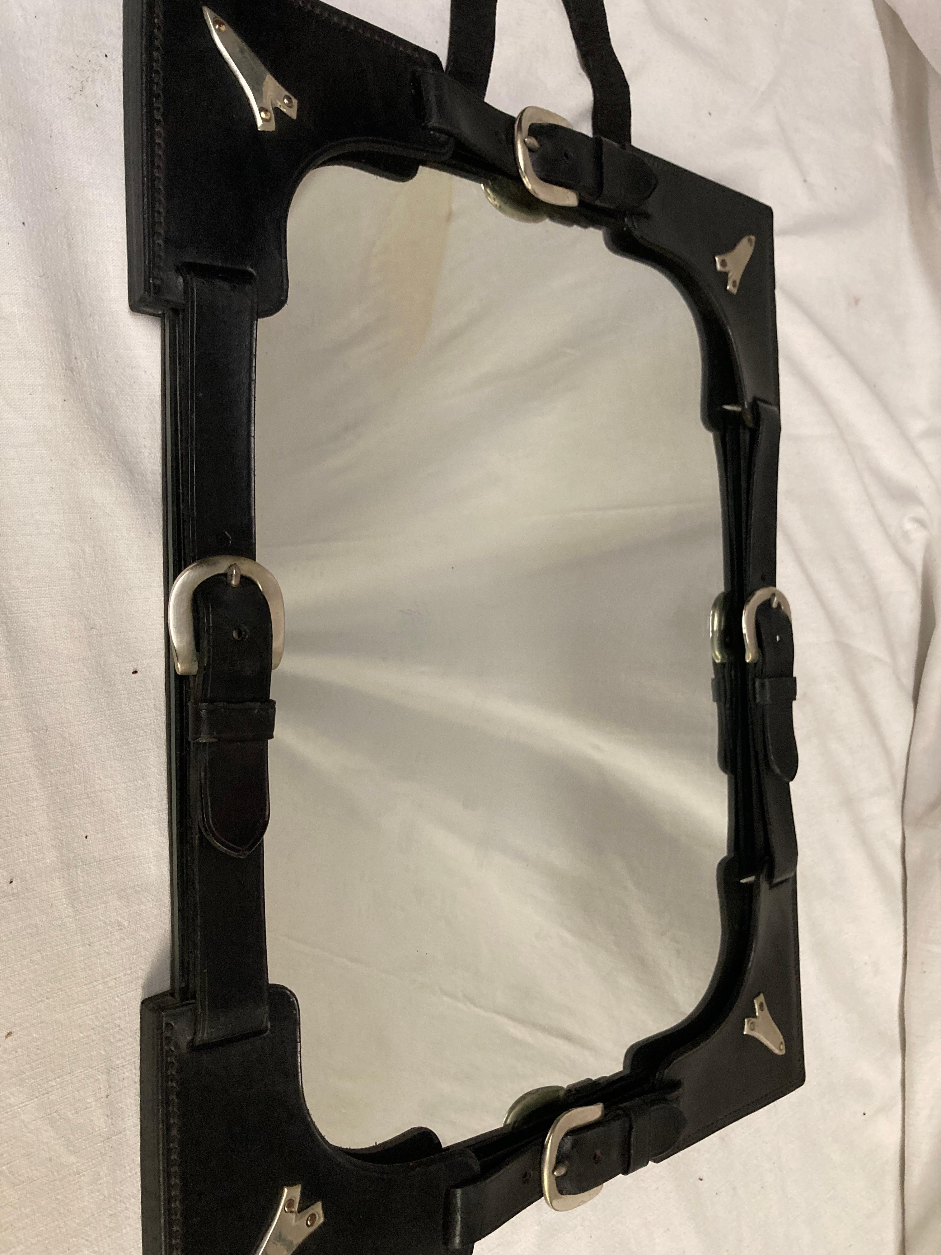French 1950's Stitched leather mirror by Jacques Adnet For Sale