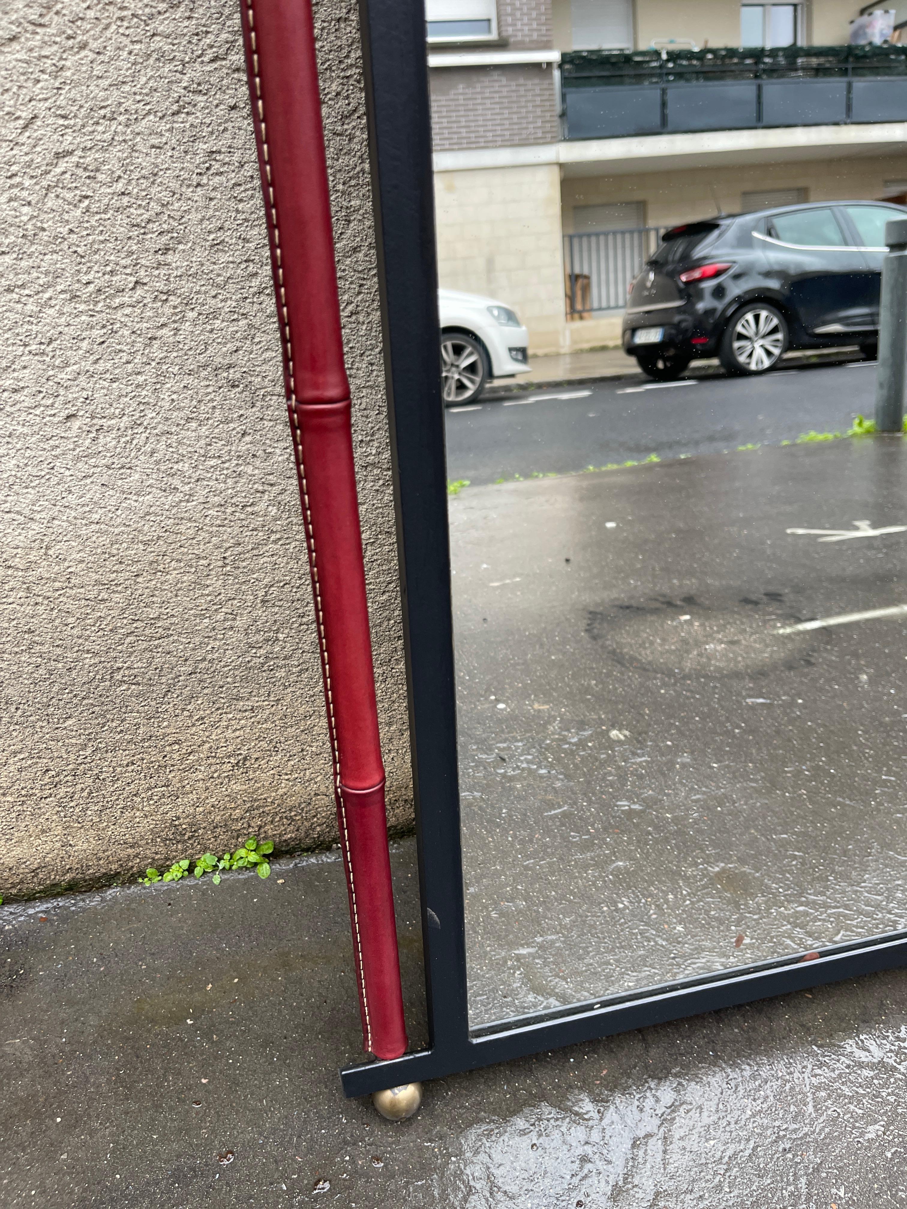 European 1950's Stitched Leather mirror by Jacques Adnet For Sale