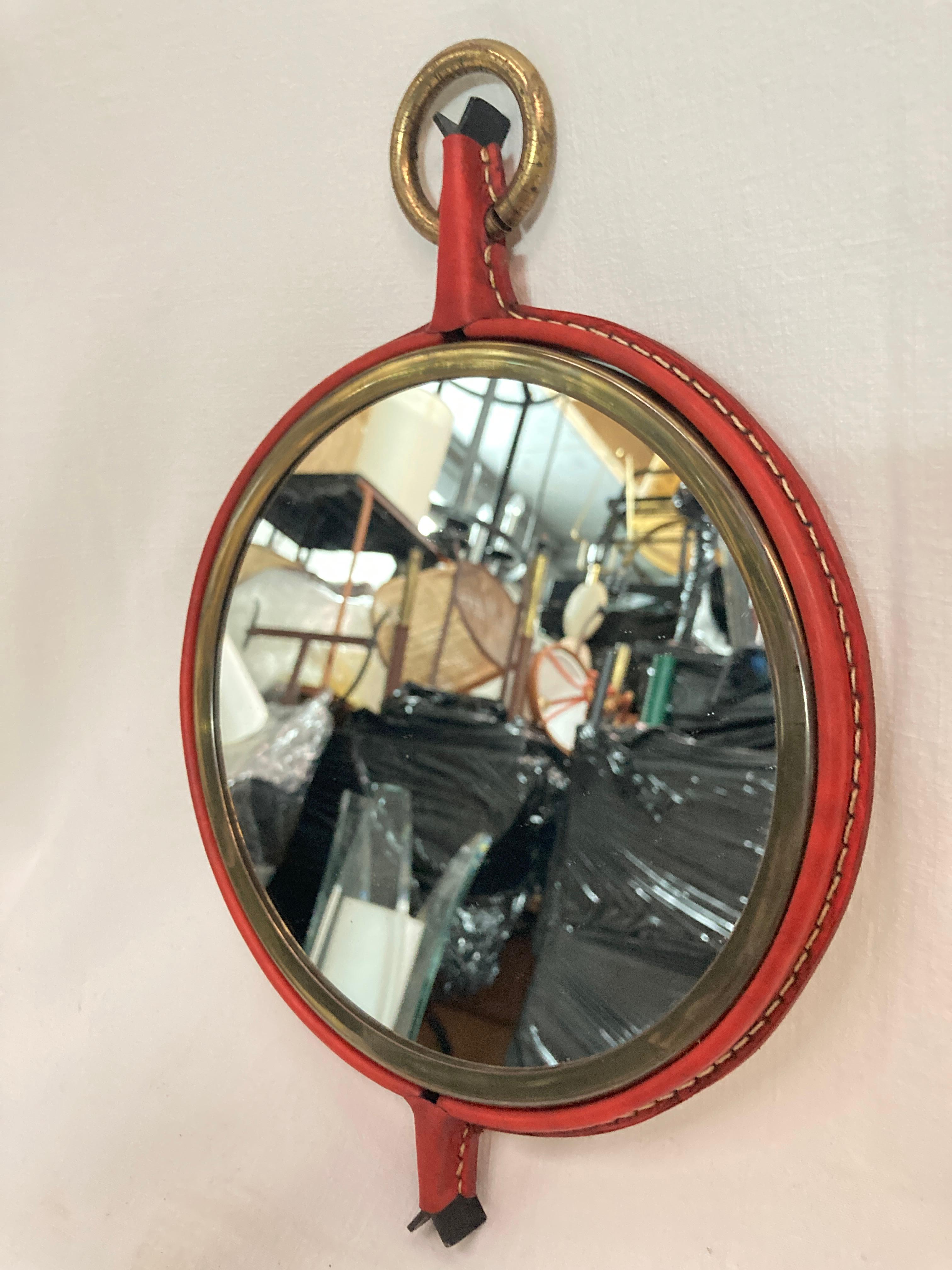 1950's Stitched leather mirror by Jacques Adnet In Good Condition In Bois-Colombes, FR