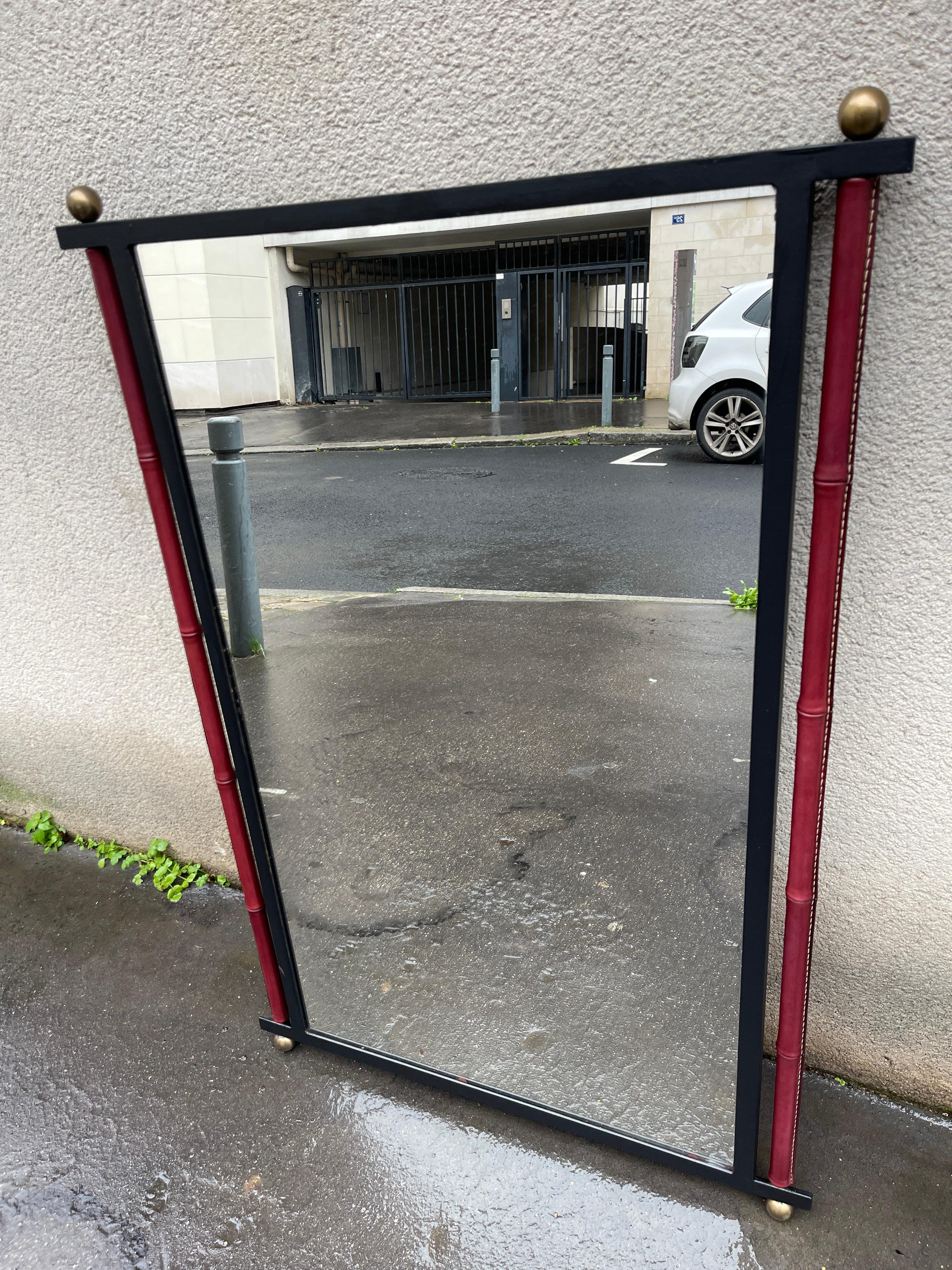1950's Stitched Leather mirror by Jacques Adnet In Good Condition For Sale In Bois-Colombes, FR