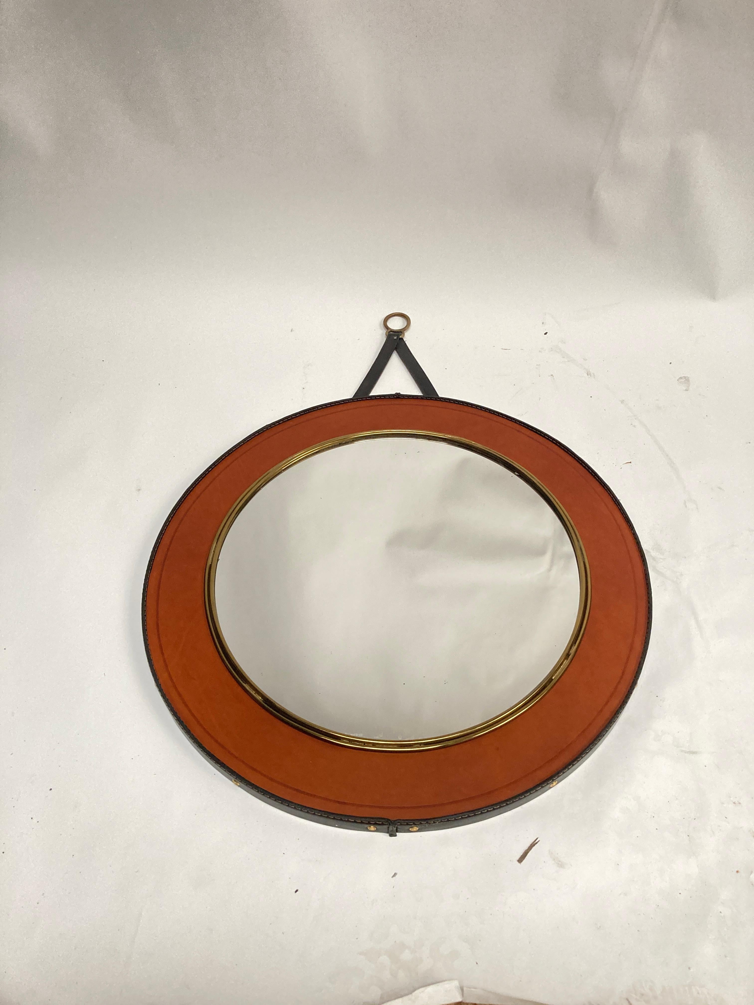 1950's Stitched leather mirror by Jacques Adnet For Sale 1