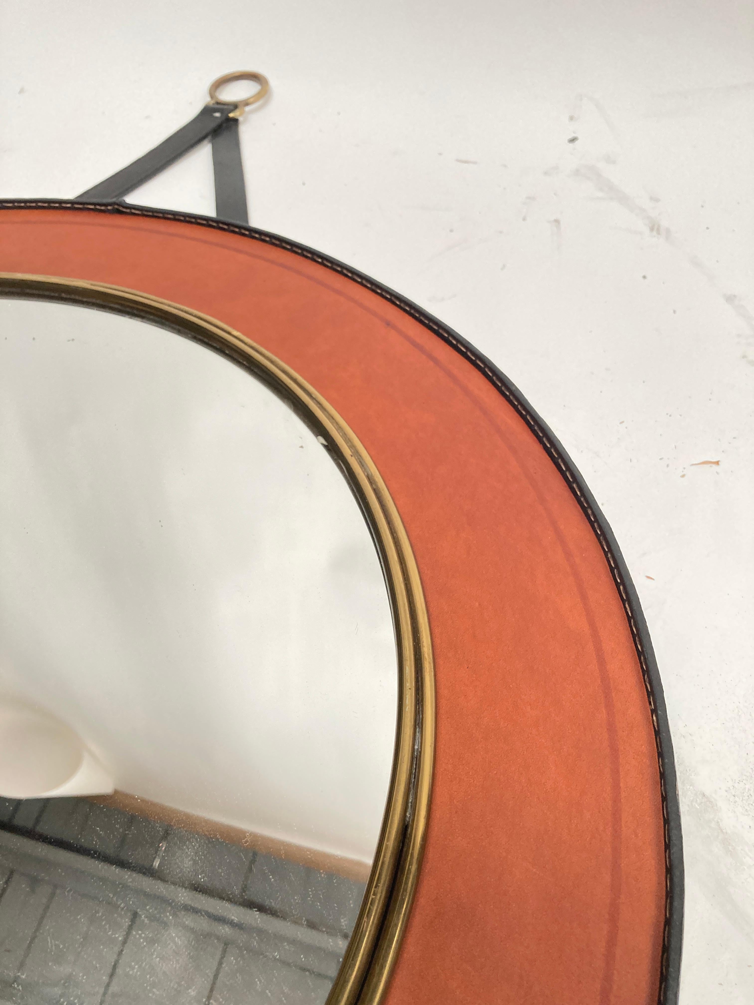 1950's Stitched leather mirror by Jacques Adnet For Sale 2