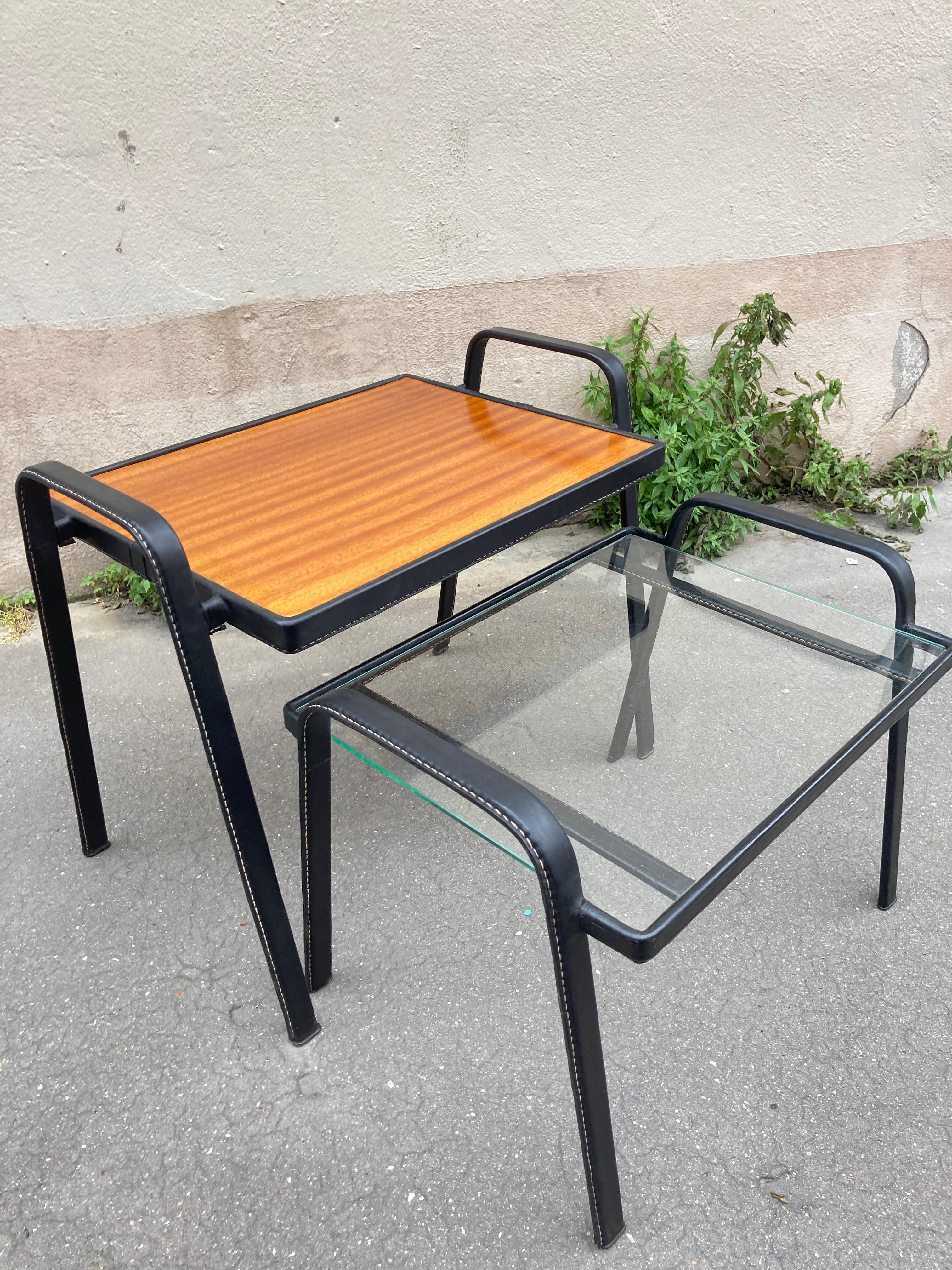 1950's Stitched leather Nesting  tables by Jacques Adnet For Sale 4