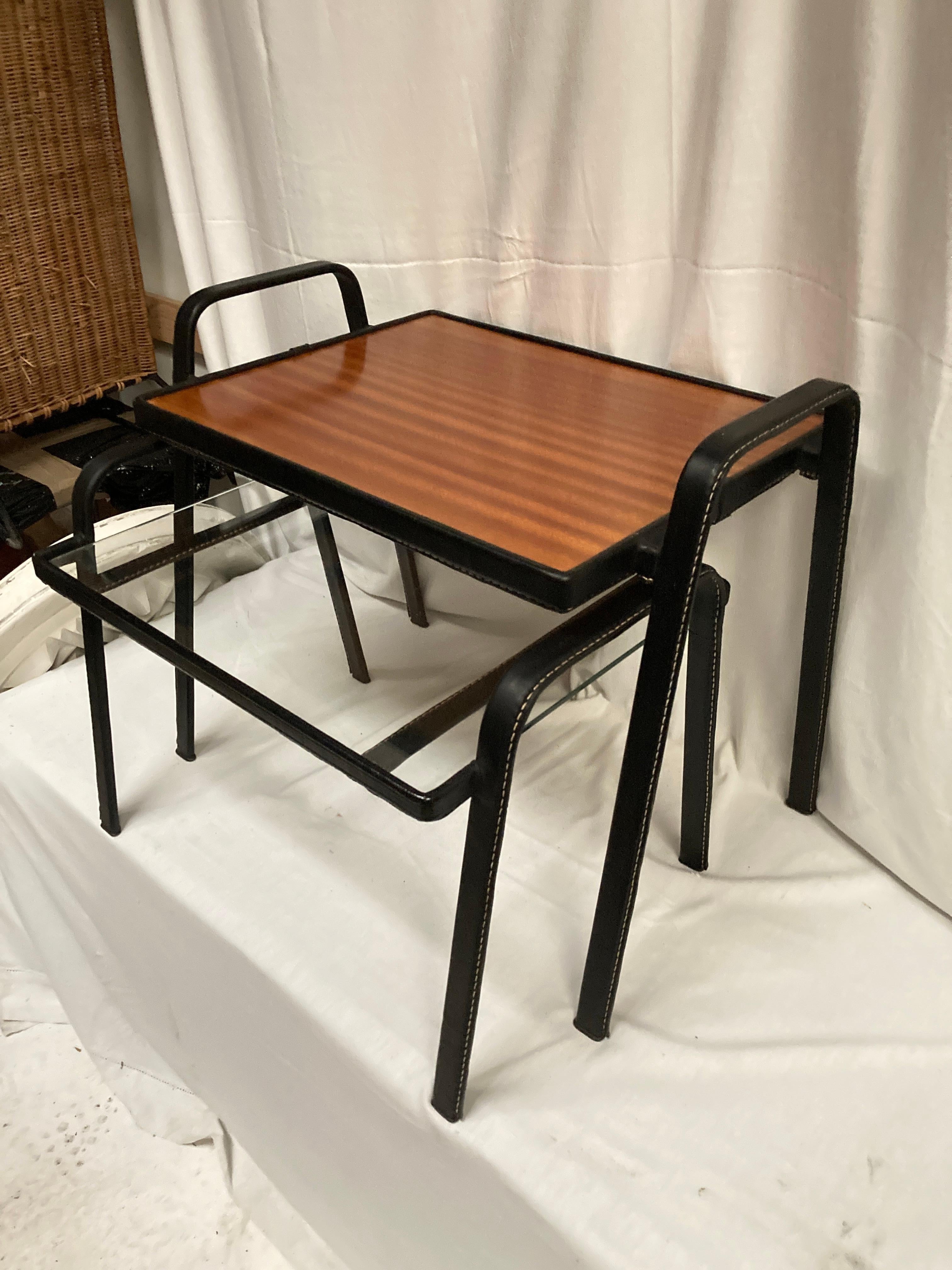 French 1950's Stitched leather Nesting  tables by Jacques Adnet For Sale