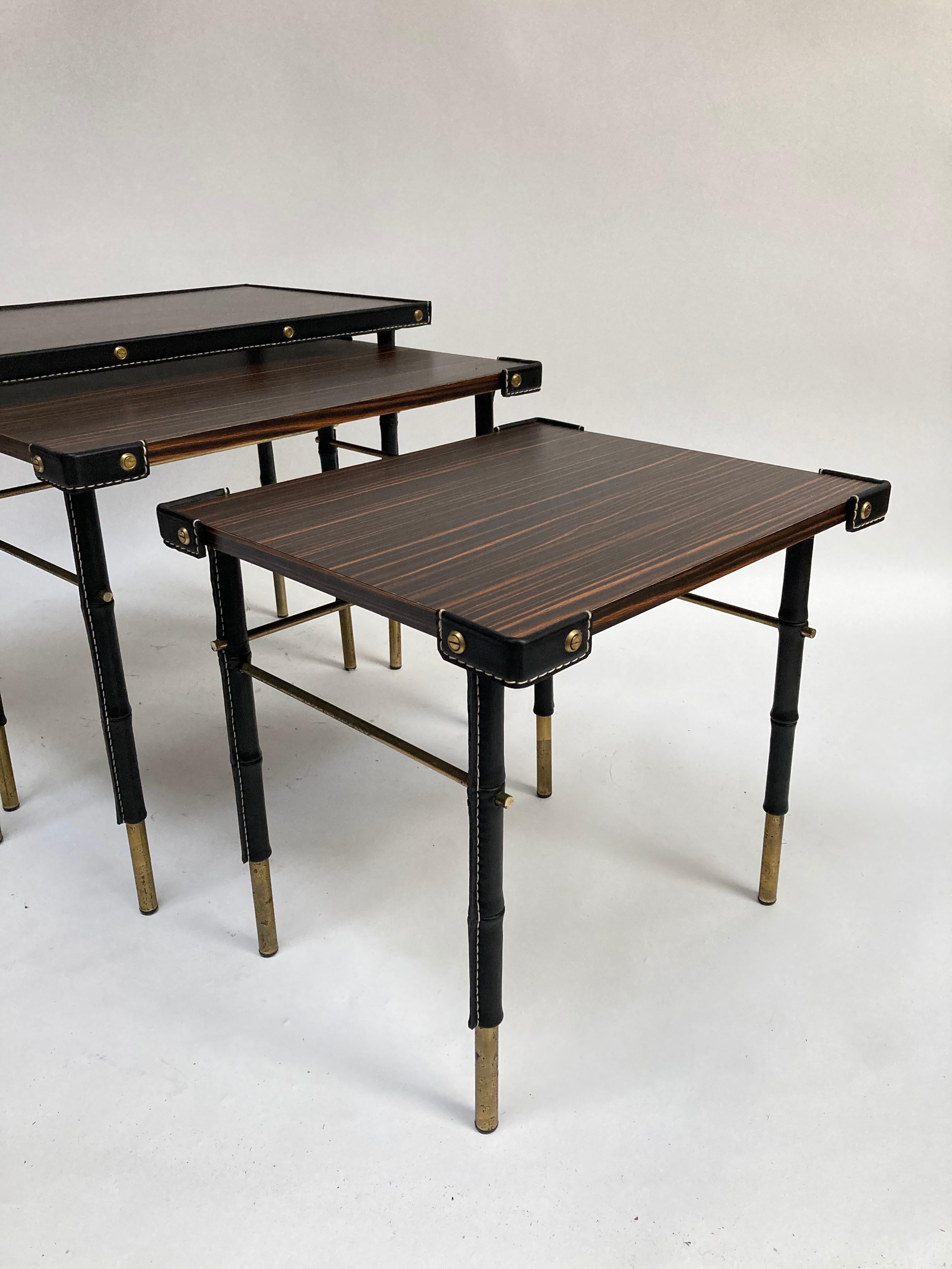 European 1950's Stitched Leather Nesting Tables by Jacques Adnet For Sale