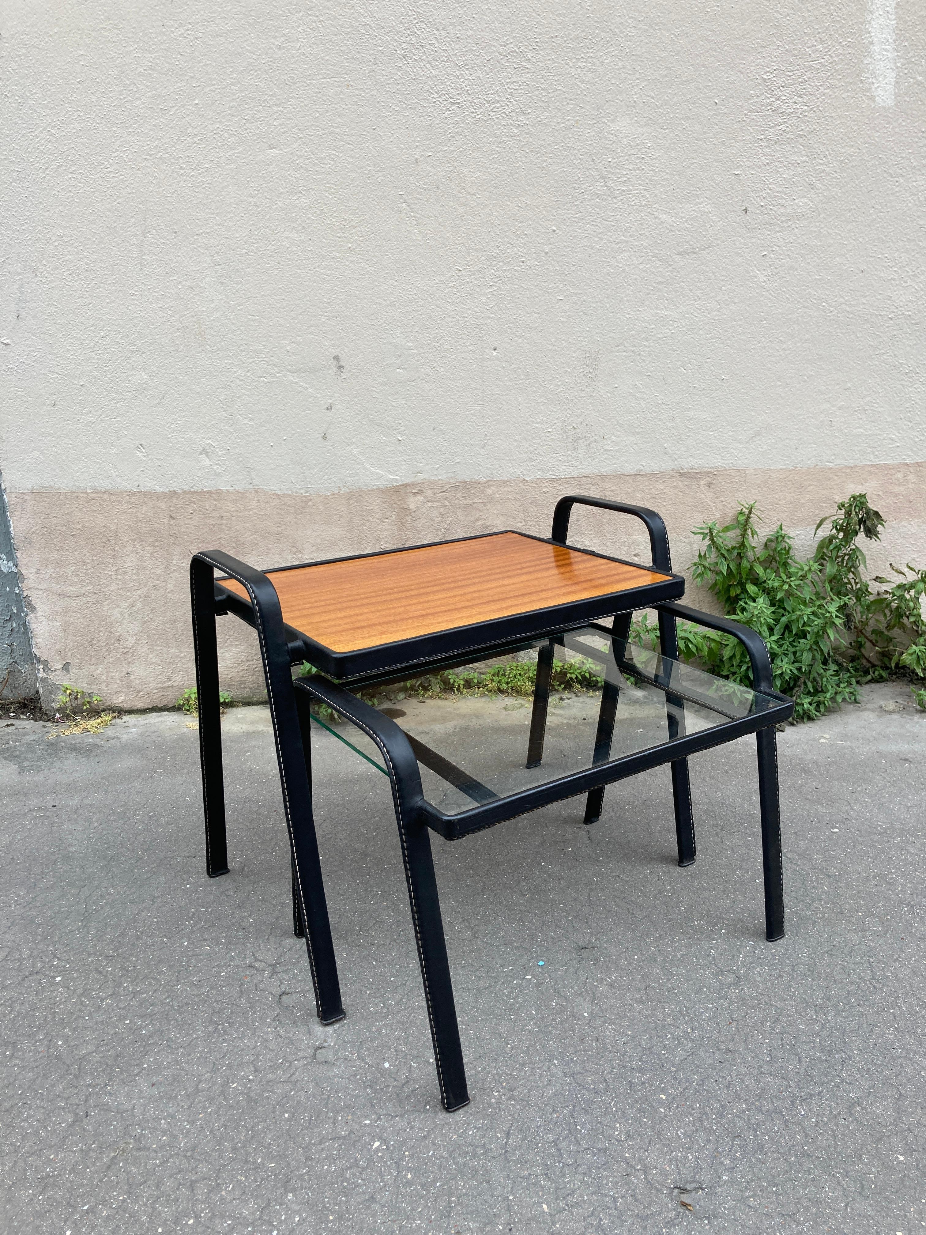 1950's Stitched leather Nesting  tables by Jacques Adnet In Good Condition For Sale In New York, NY